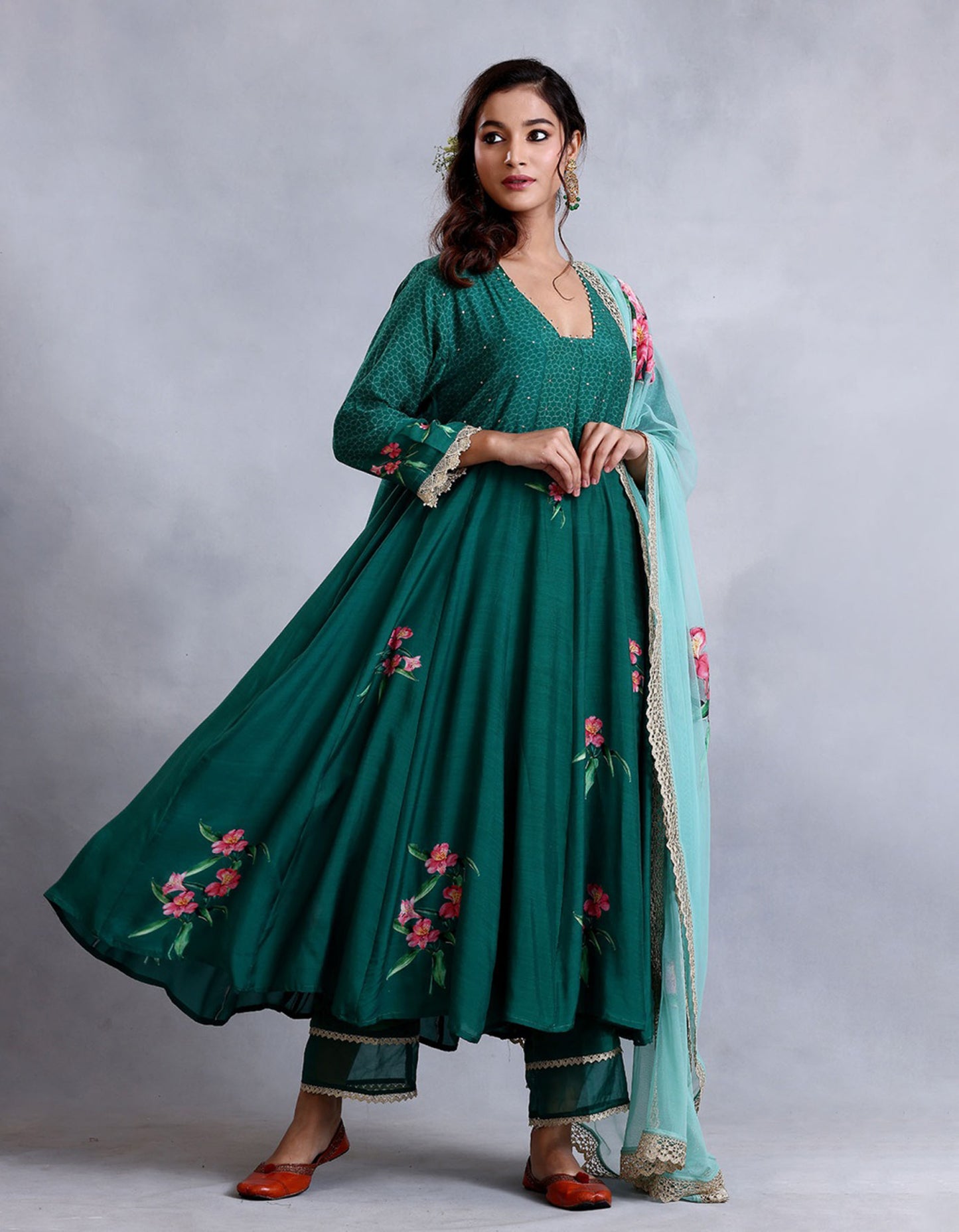 Emerald Green kalidar Cotton Silk Sunehri kurta set