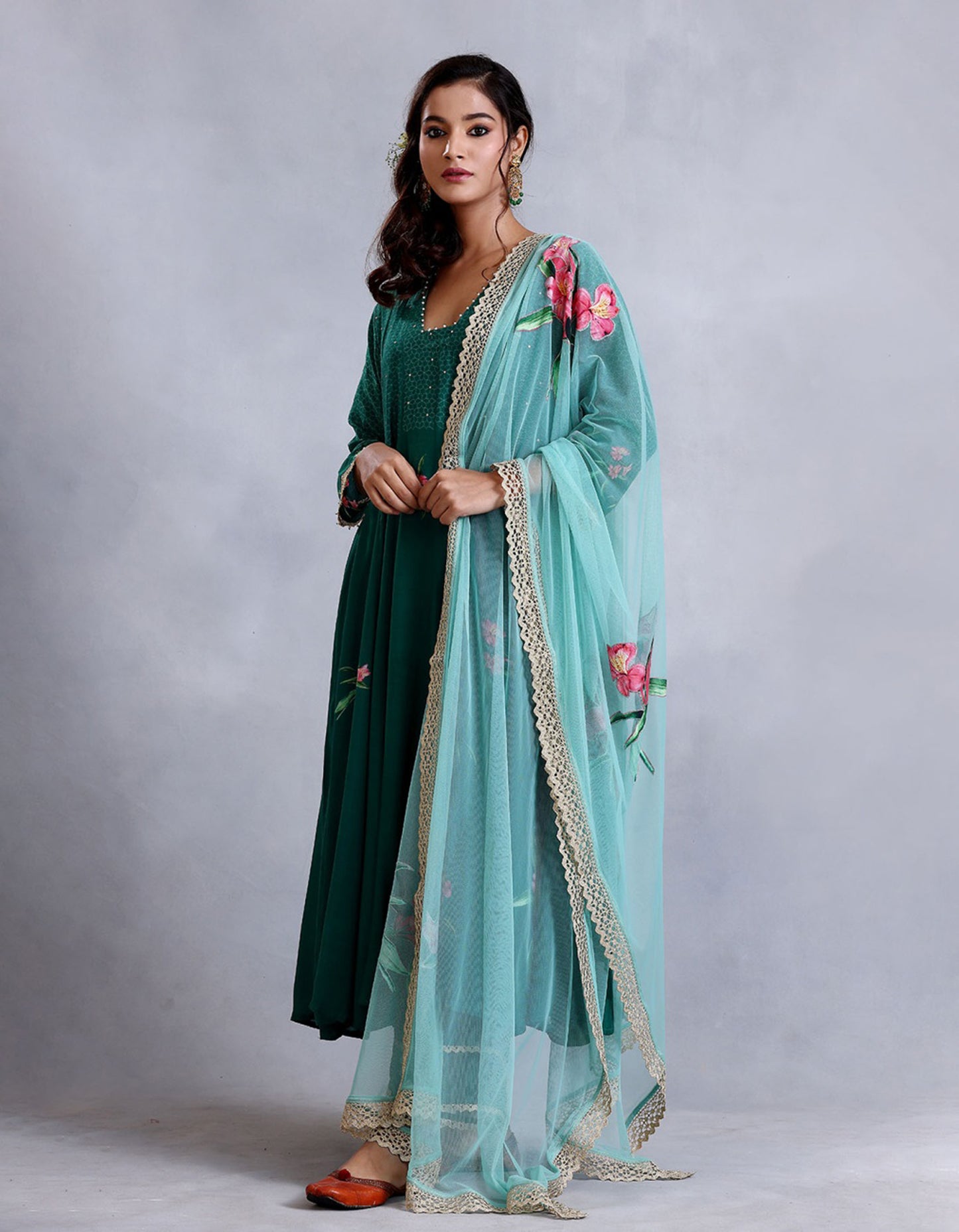 Emerald Green kalidar Cotton Silk Sunehri kurta set