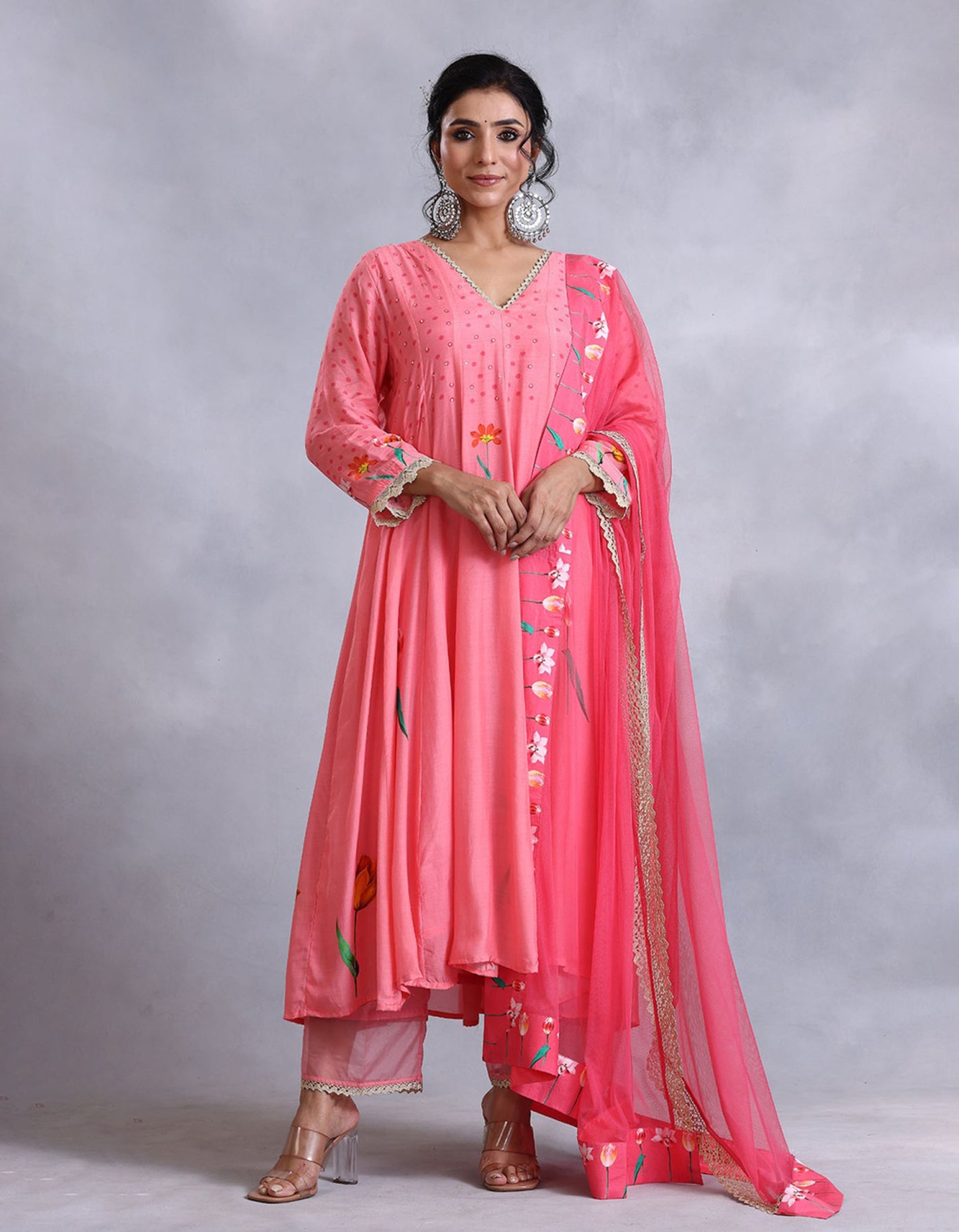 Peach kalidar Cotton Silk Sunehri kurta set