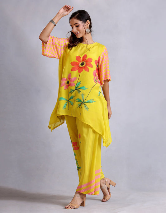 Ochre Yellow Asymmetric Cotton Silk Sunehri kurta set