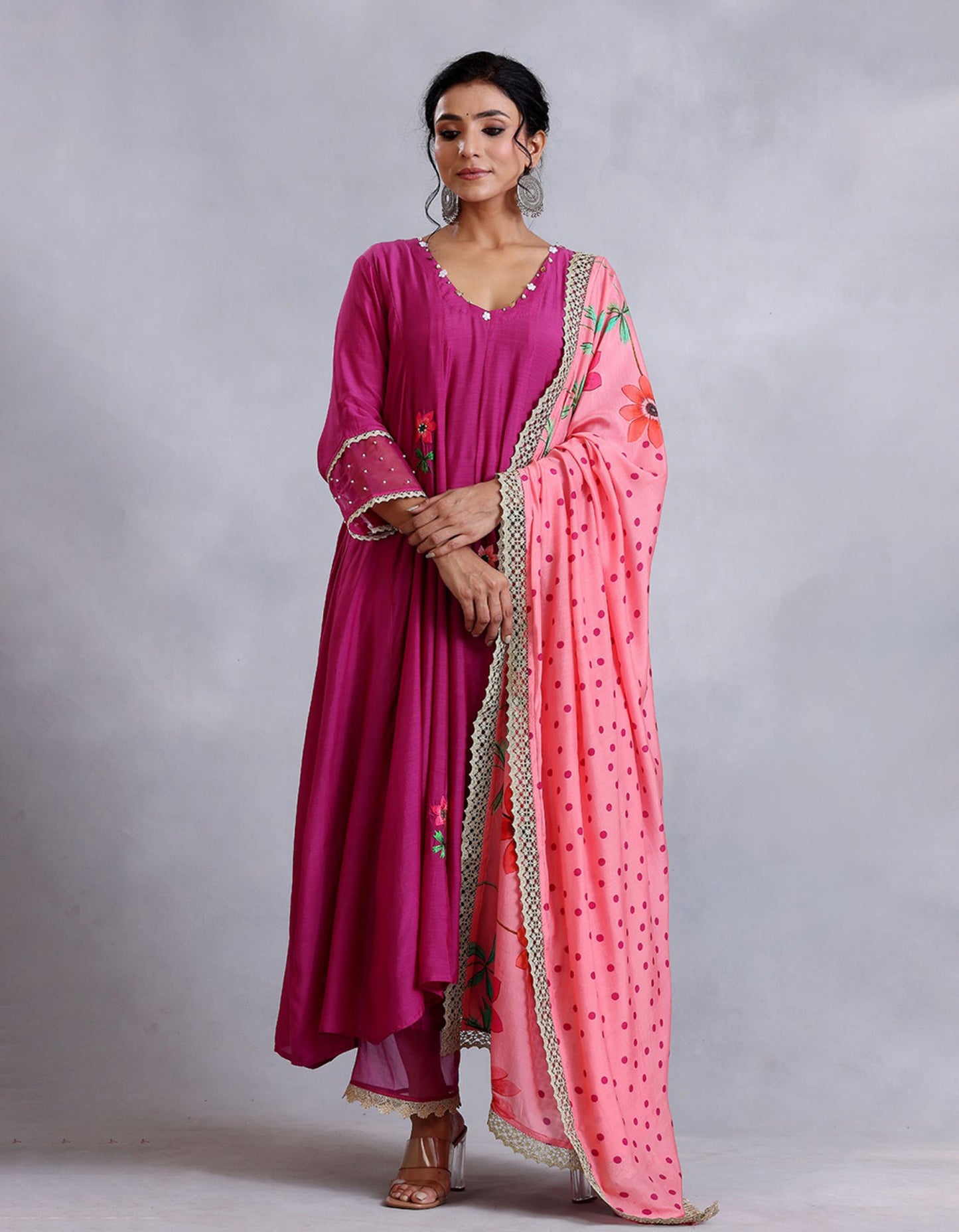 Burgandy Kalidar Cotton Silk Sunehri kurta set