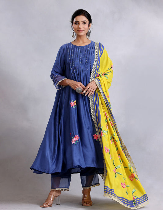 Royal Blue Kalidar Cotton Silk Sunehri kurta set