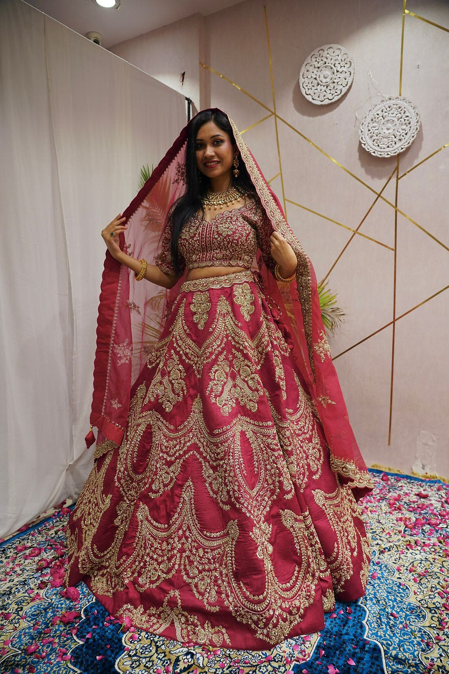 Red Raw Silk Zardozi Embroidered Bridal Wear Lehenga