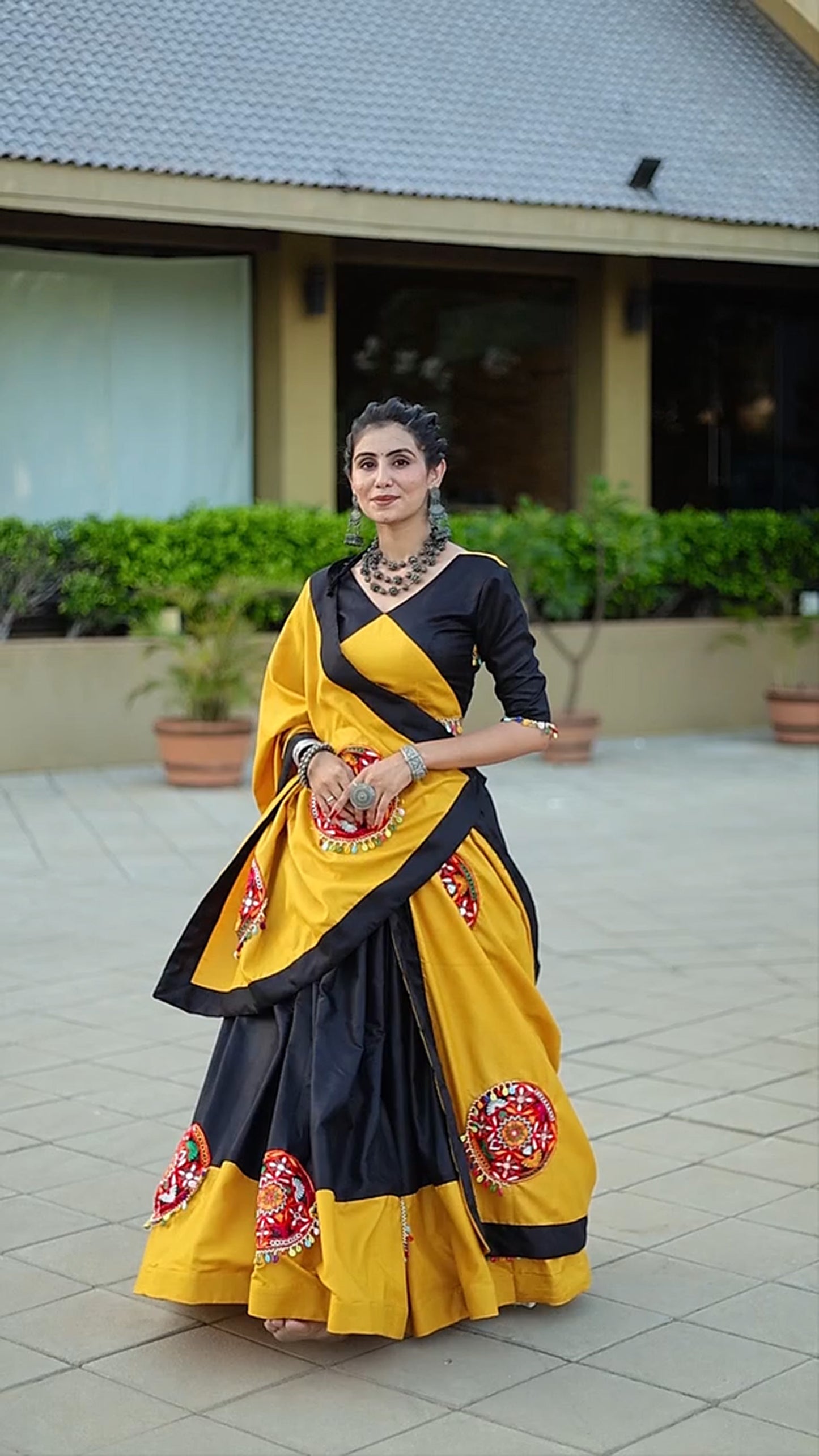 Yellow Pure Cotton Gamthi and Mirror work Navratri Lehenga