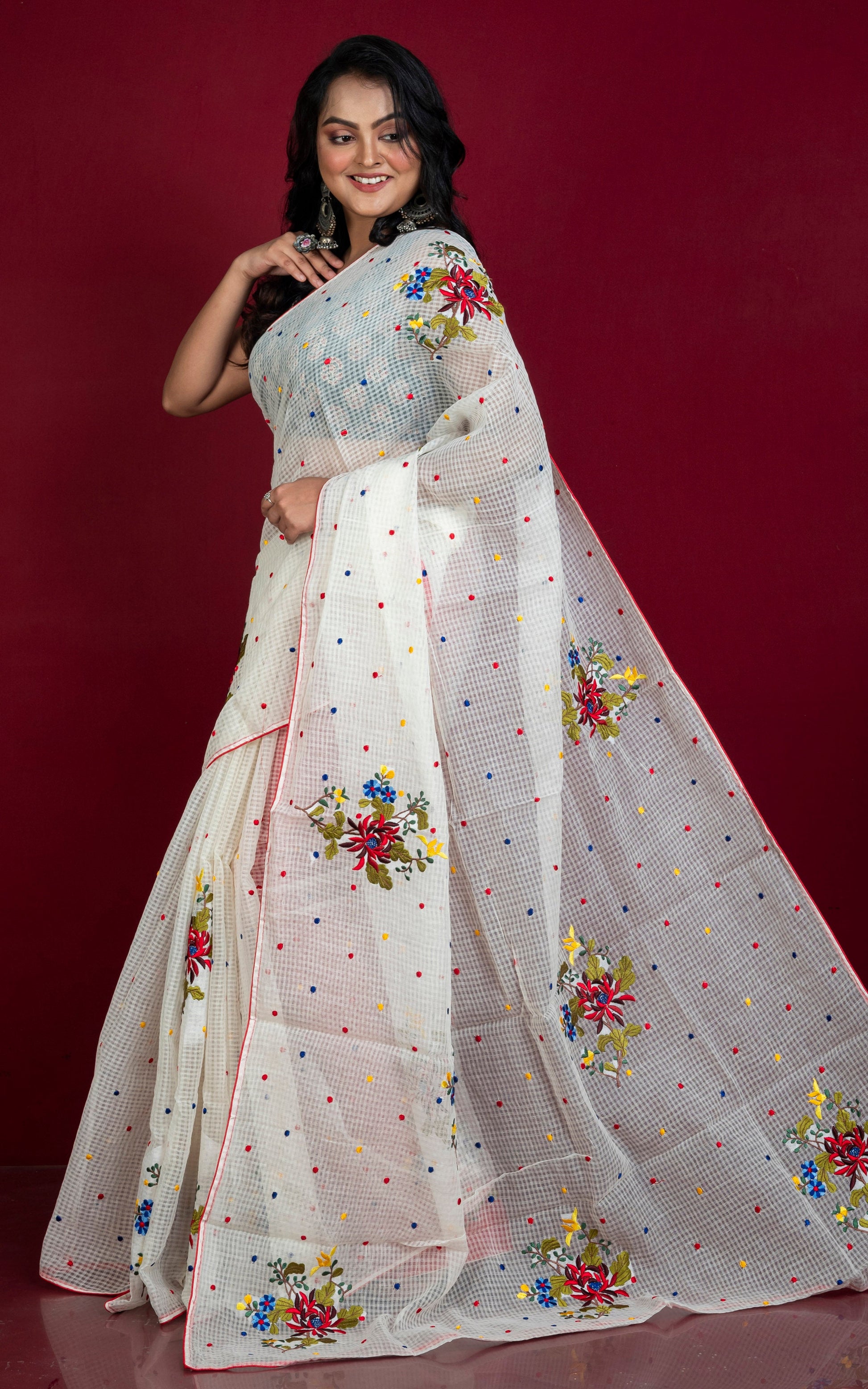 Embroidered Work on Soft Cotton Resham Woven Self Checks Saree in Off White, Red and Multicolored Thread Work