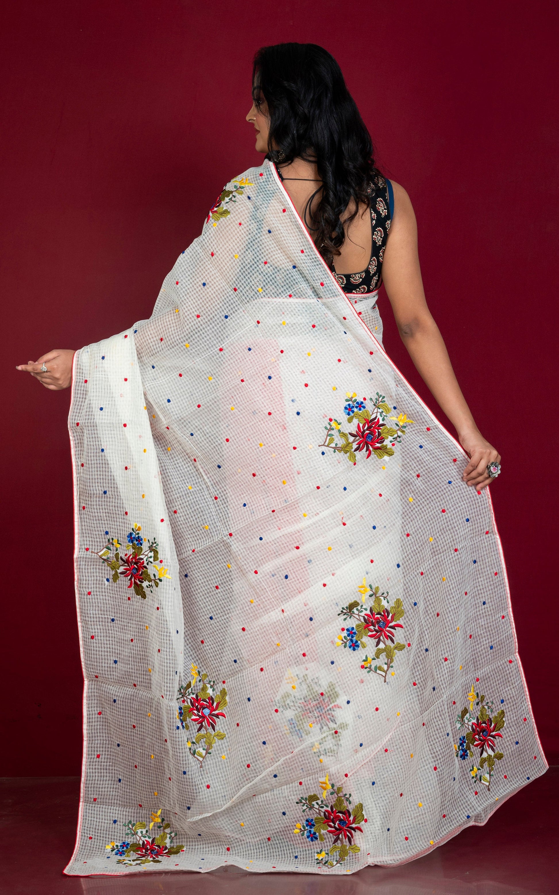 Embroidered Work on Soft Cotton Resham Woven Self Checks Saree in Off White, Red and Multicolored Thread Work