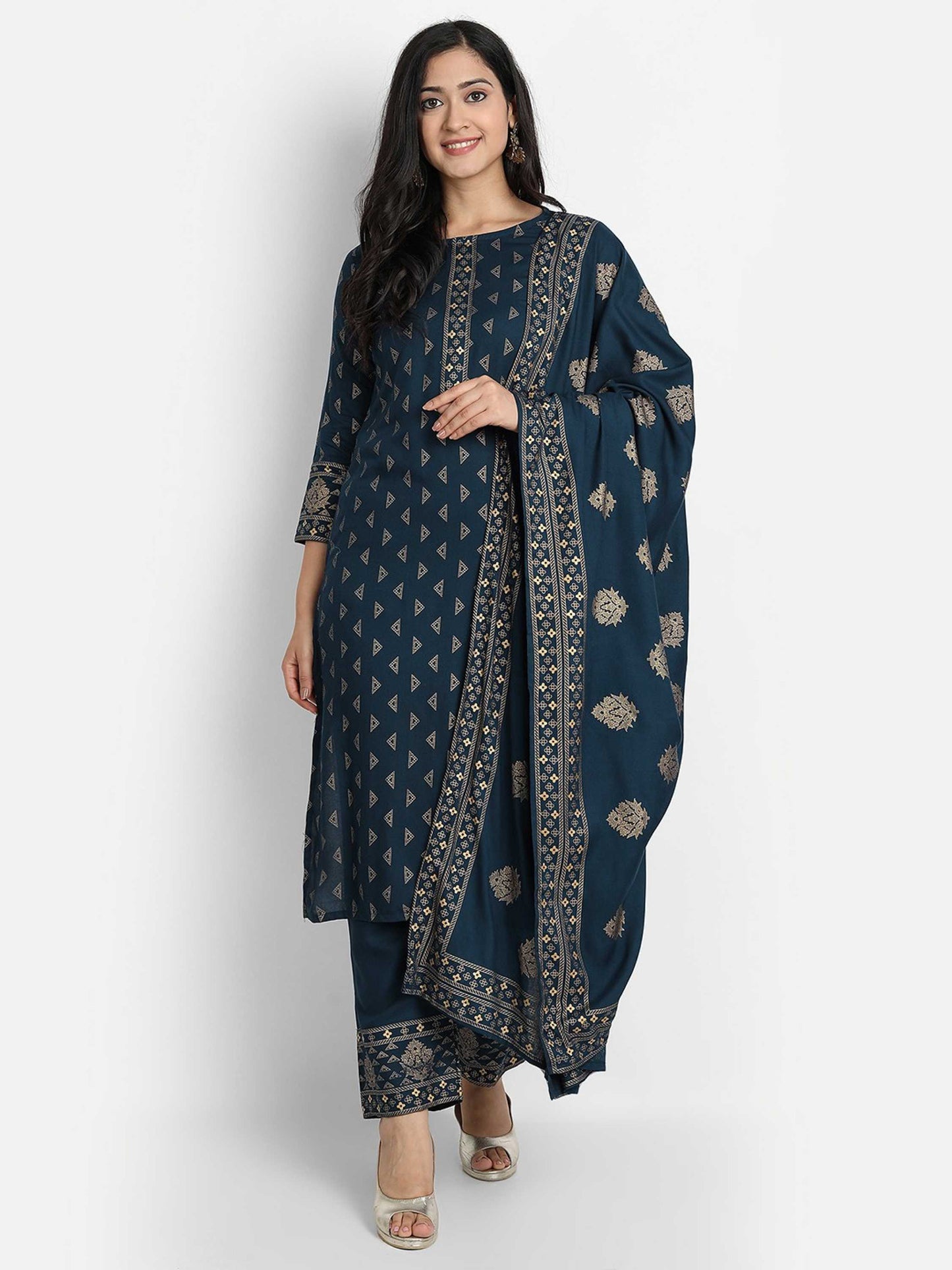 Jaipuri Gold Women Blue Printed Viscose Rayon Kurta And Pant Set