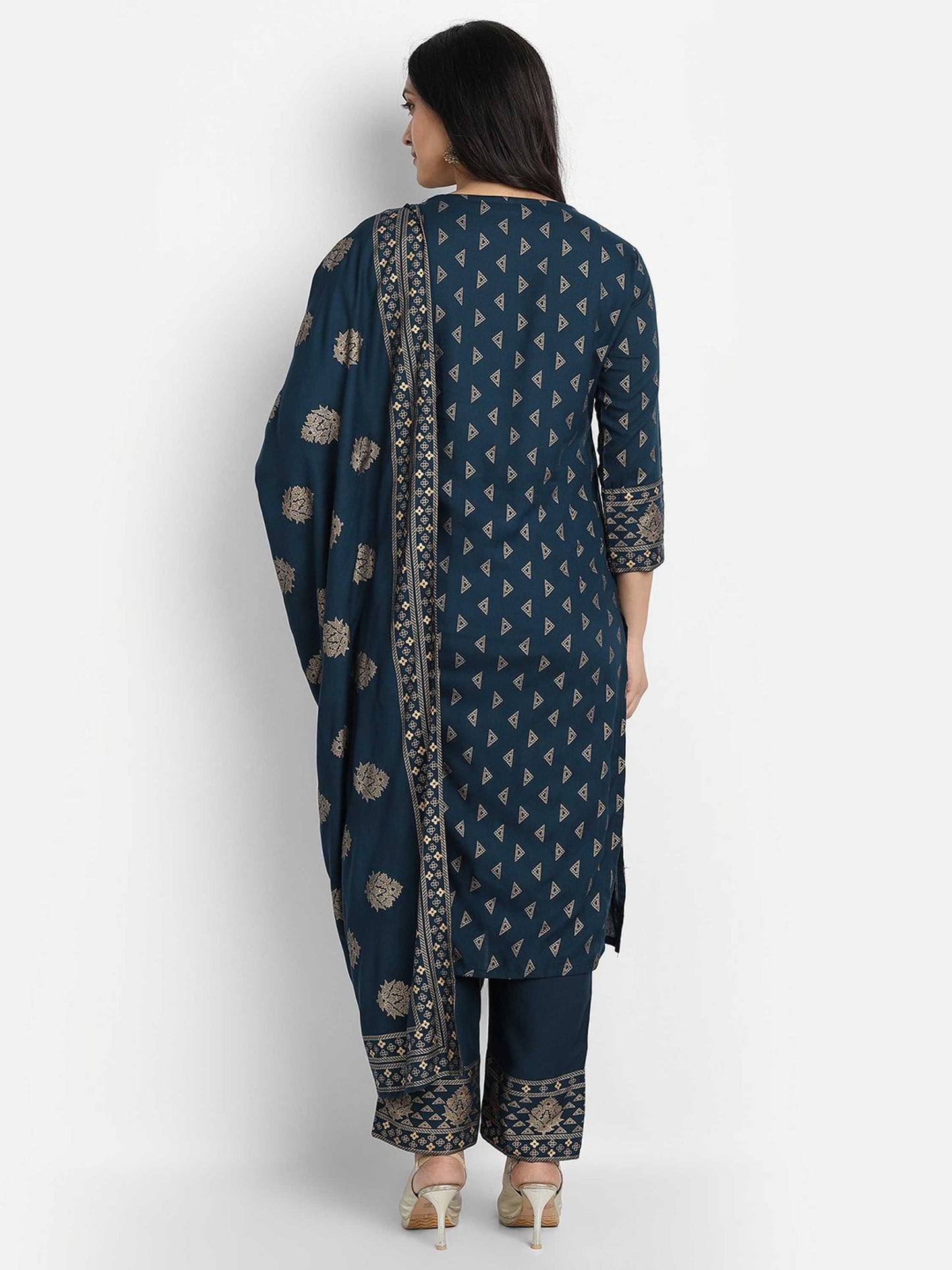 Jaipuri Gold Women Blue Printed Viscose Rayon Kurta And Pant Set