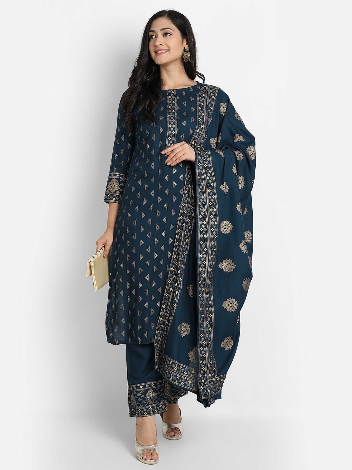 Jaipuri Gold Women Blue Printed Viscose Rayon Kurta And Pant Set