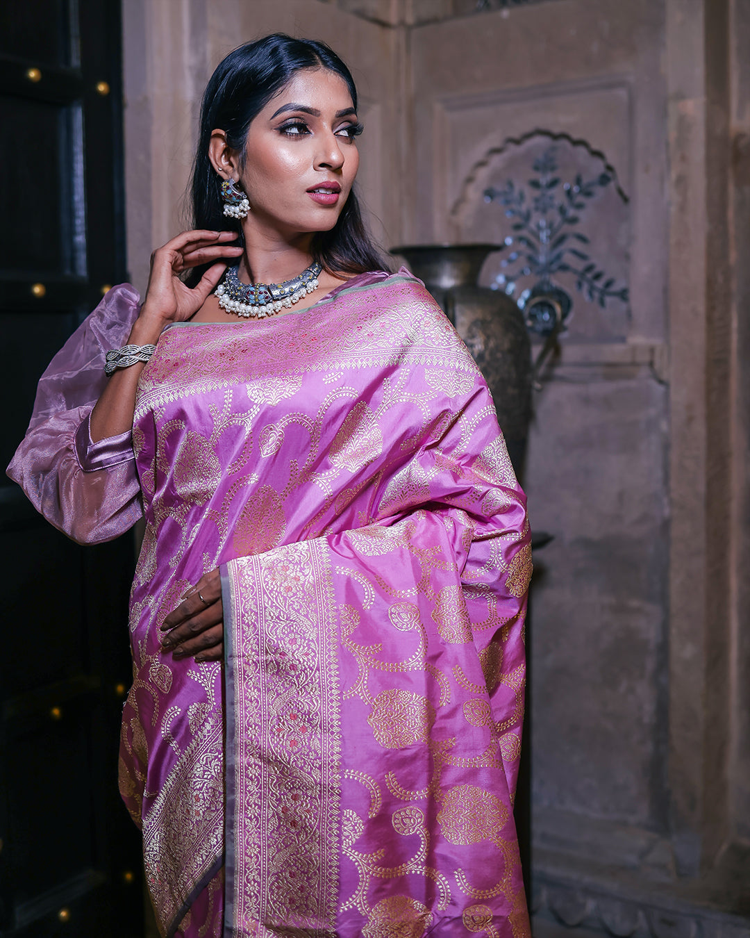 Pink Handwoven Kadwa Katan Pure Silk Saree - Panaya