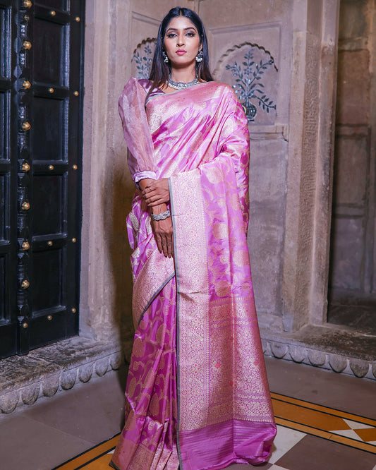 Pink Handwoven Kadwa Katan Pure Silk Saree - Panaya