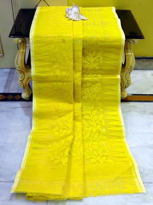 Traditional Soft Jamdani Saree in Bright Yellow and Gold