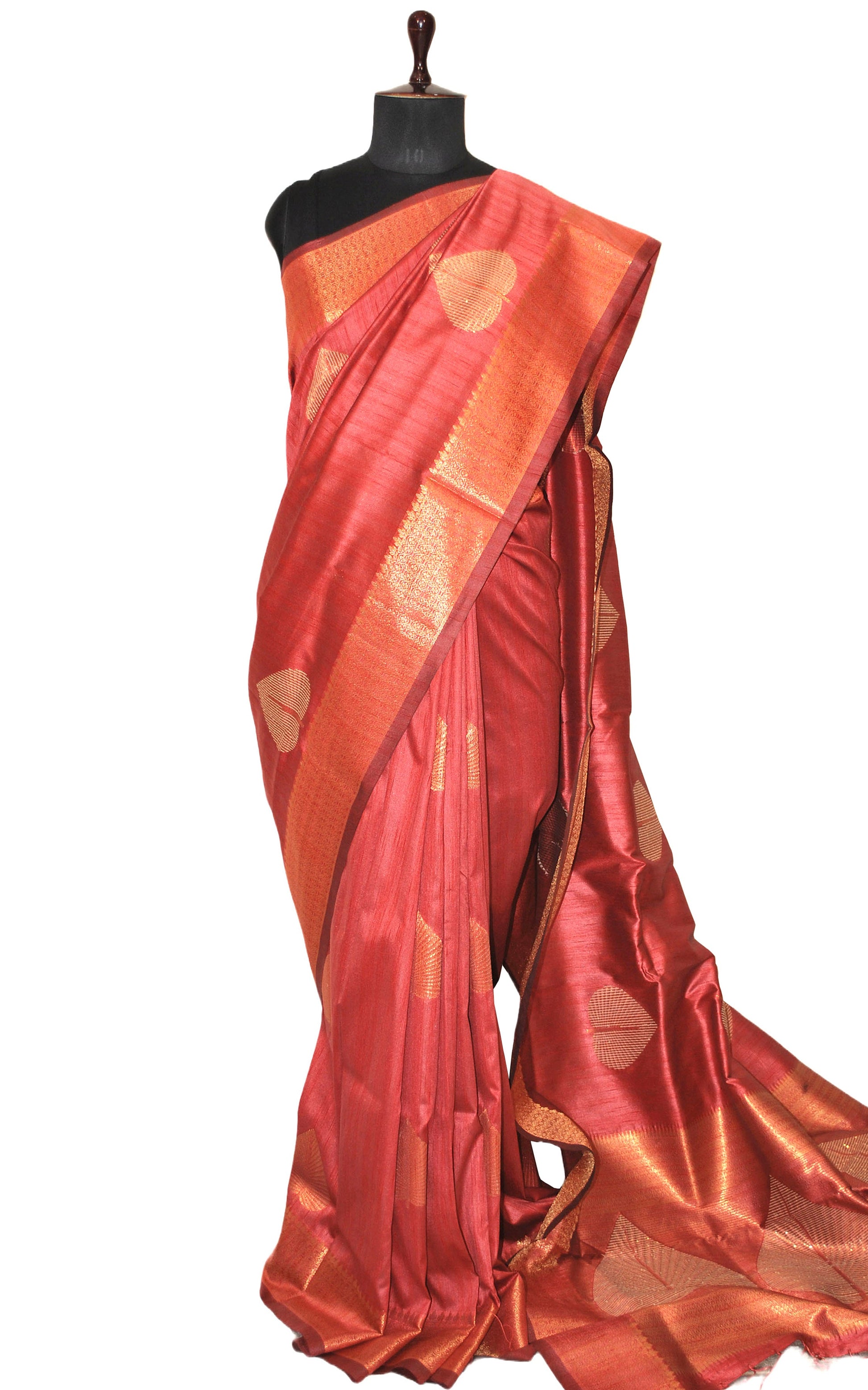 Embedded Sequin on Jute Nakshi Motif Work Semi Gicha Silk Saree in Red Birch and Antique Golden