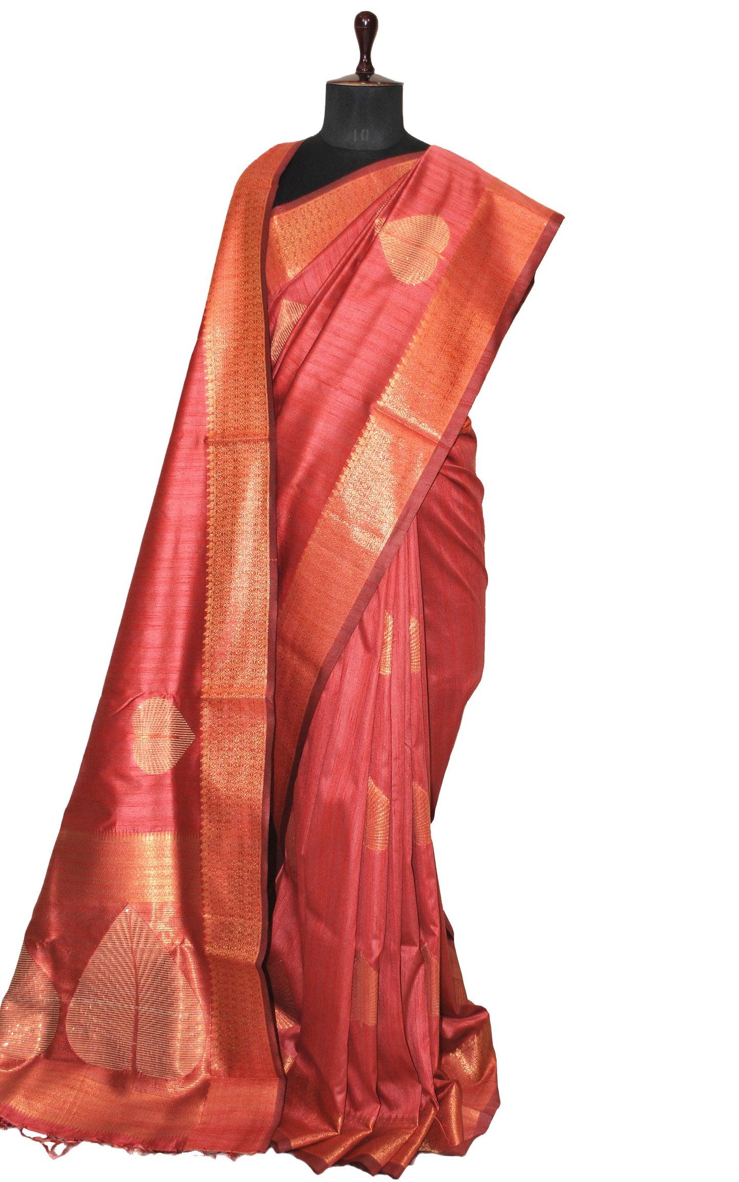 Embedded Sequin on Jute Nakshi Motif Work Semi Gicha Silk Saree in Red Birch and Antique Golden