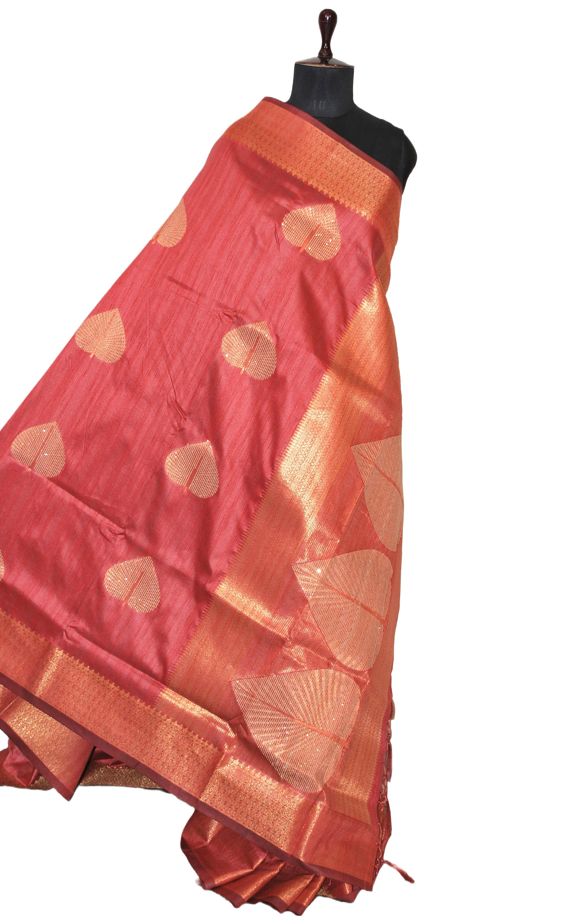 Embedded Sequin on Jute Nakshi Motif Work Semi Gicha Silk Saree in Red Birch and Antique Golden