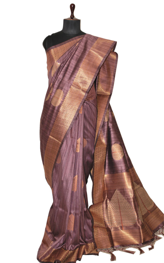 Embedded Sequin on Jute Nakshi Motif Work Semi Gicha Silk Saree in Purple Brown and Antique Golden