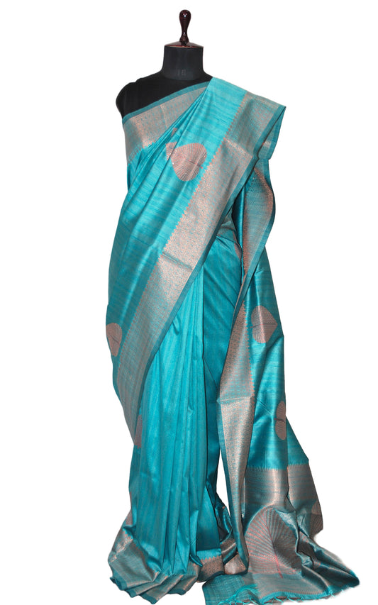 Embedded Sequin on Jute Nakshi Motif Work Semi Gicha Silk Saree Tiffany Blue and Antique Golden