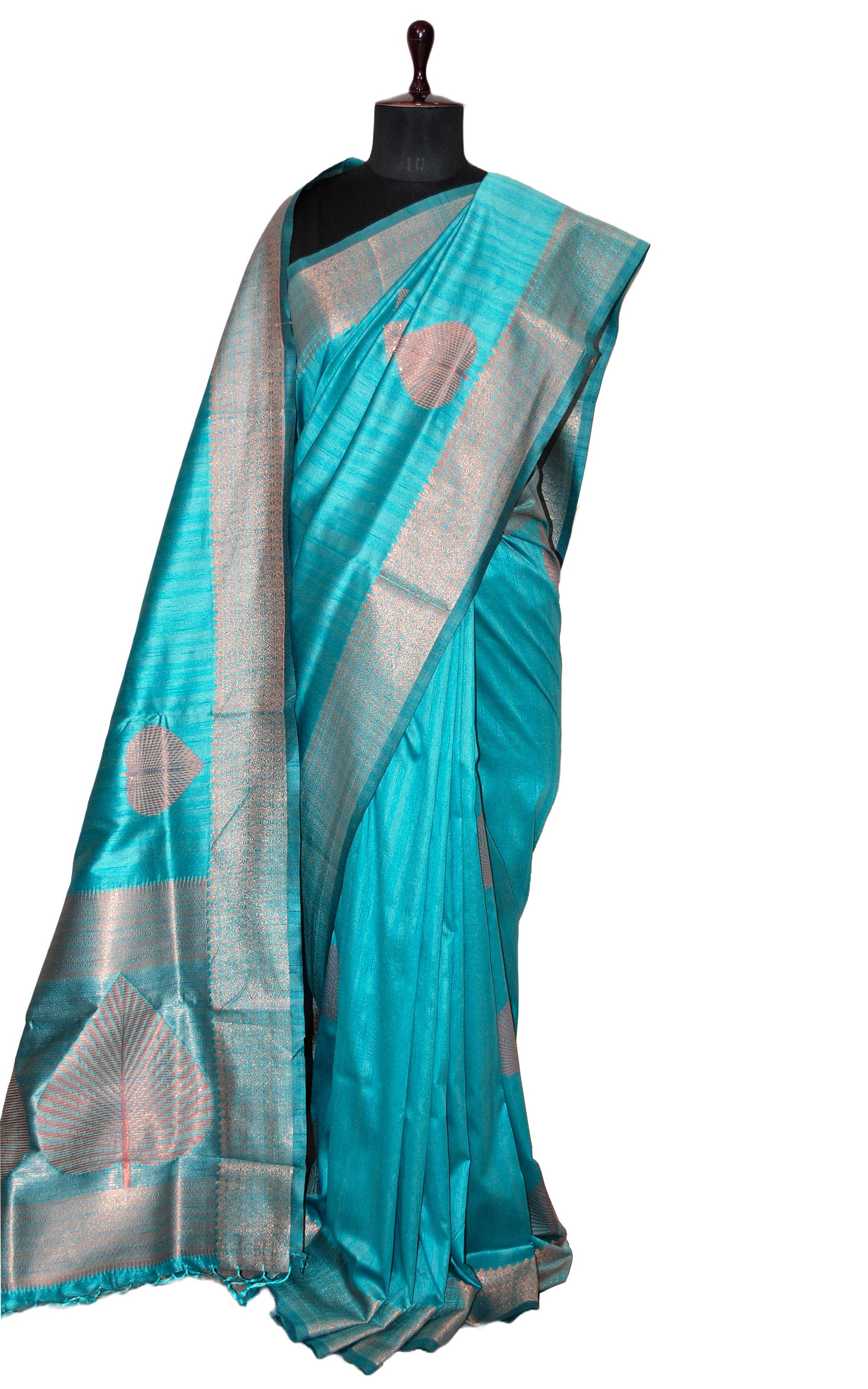 Embedded Sequin on Jute Nakshi Motif Work Semi Gicha Silk Saree Tiffany Blue and Antique Golden