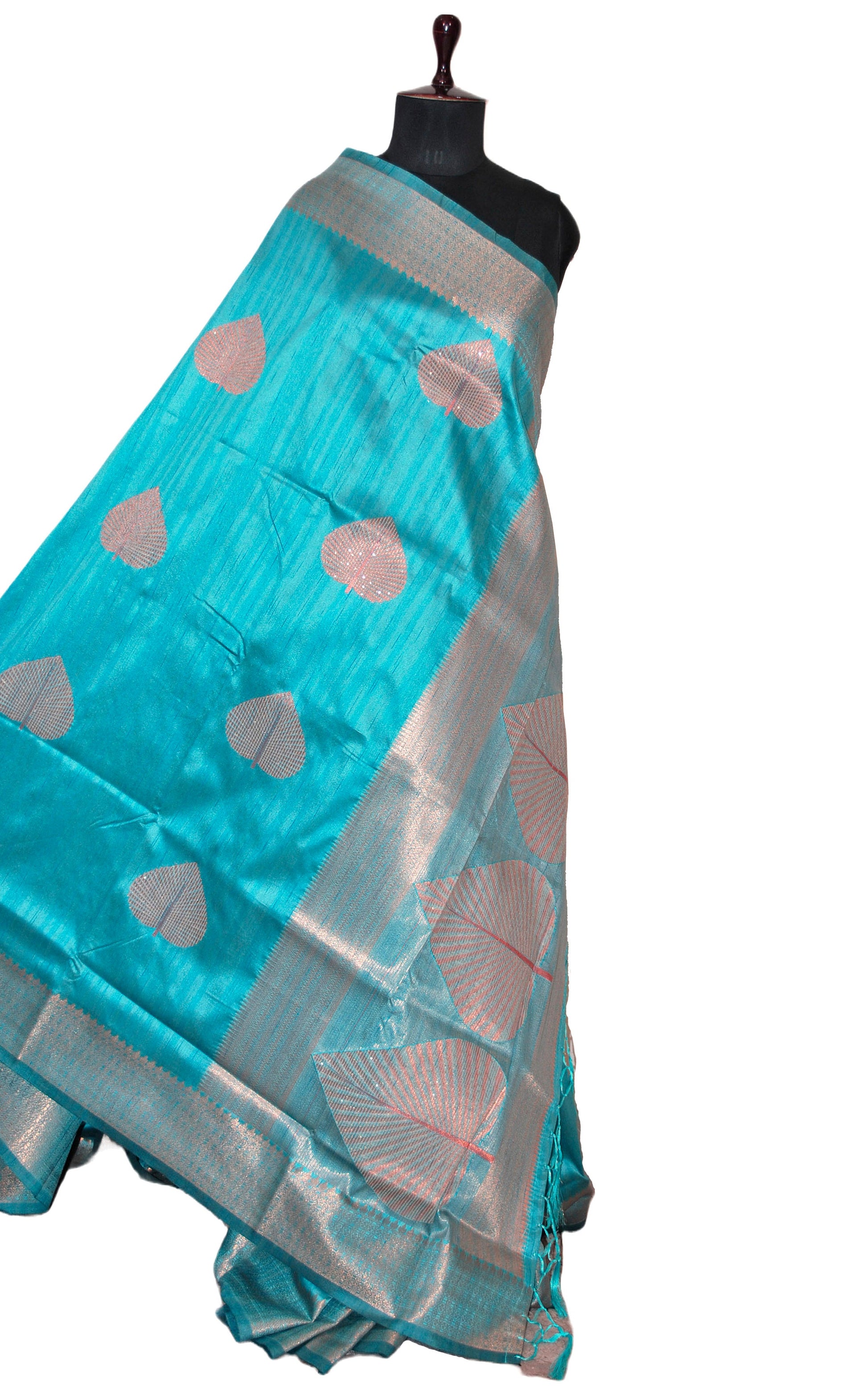 Embedded Sequin on Jute Nakshi Motif Work Semi Gicha Silk Saree Tiffany Blue and Antique Golden