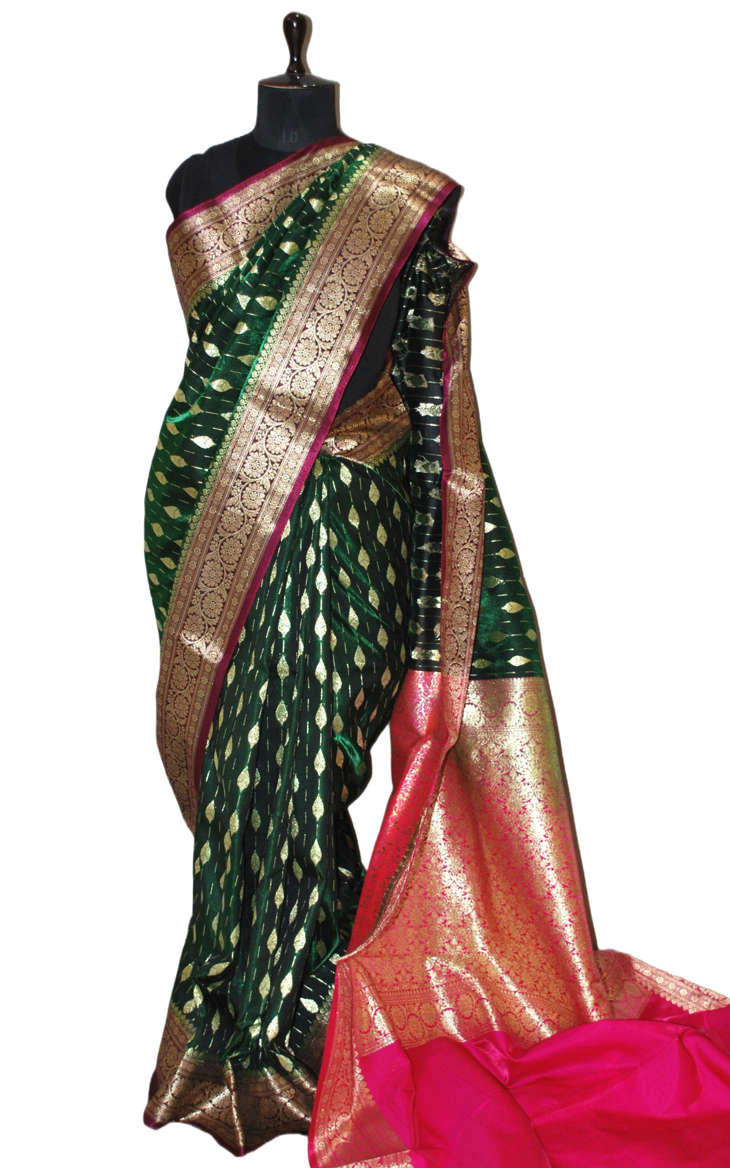 Blended Kadiyal Katan Silk Patta Buti Banarasi Saree in Bottle Green and Hot Pink