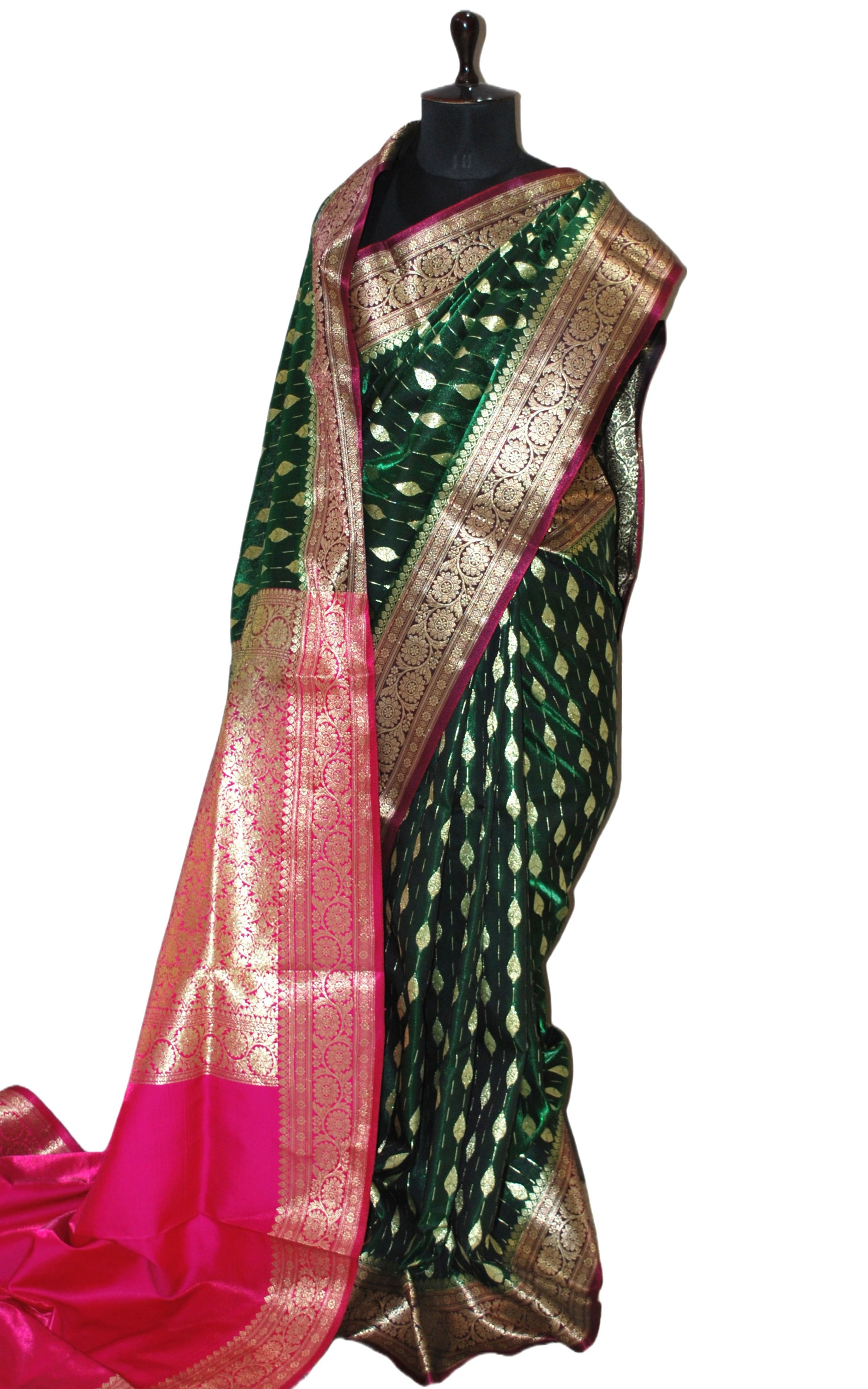 Blended Kadiyal Katan Silk Patta Buti Banarasi Saree in Bottle Green and Hot Pink