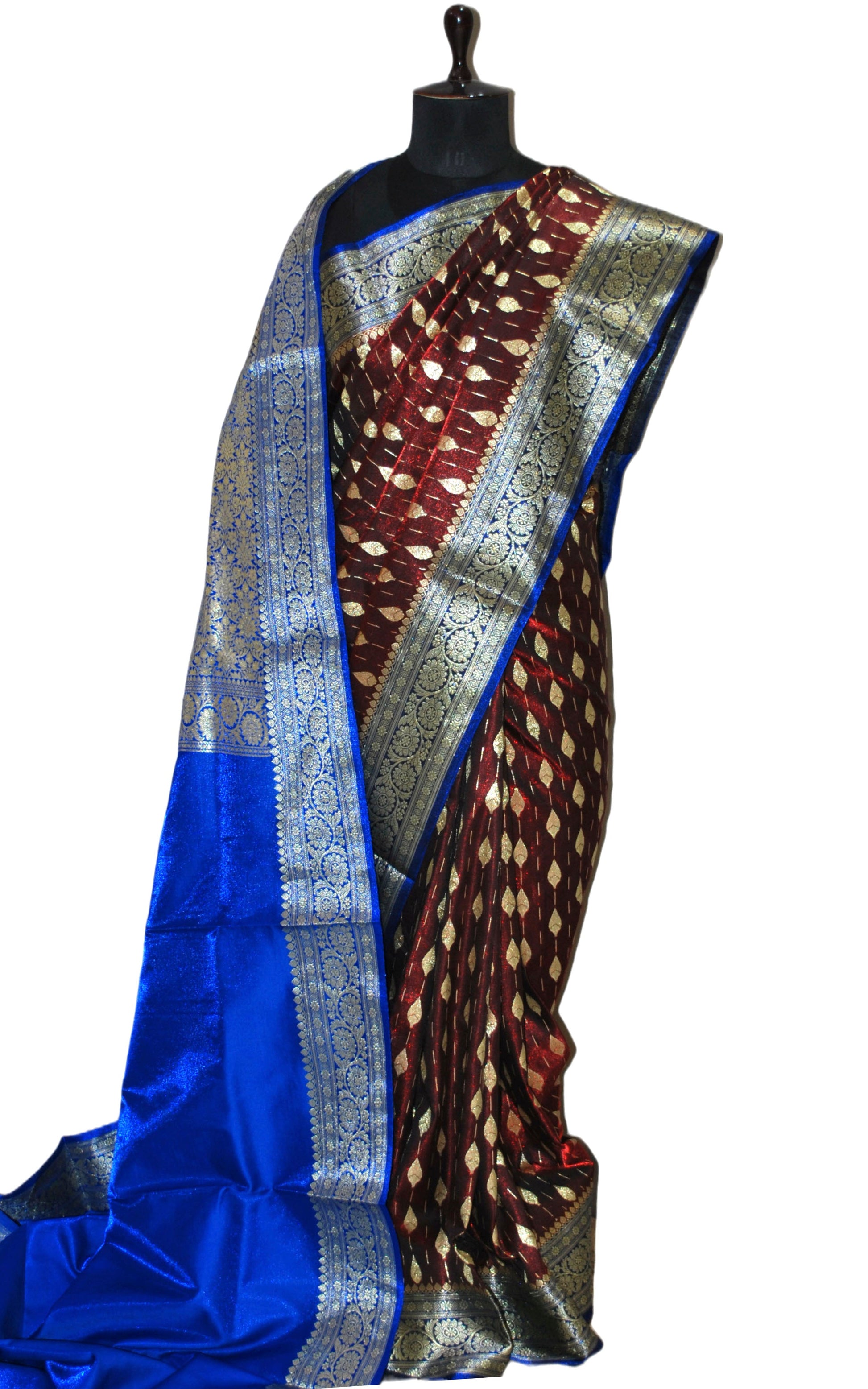 Blended Kadiyal Katan Silk Patta Buti Banarasi Saree in Umber Brown and Azure Blue