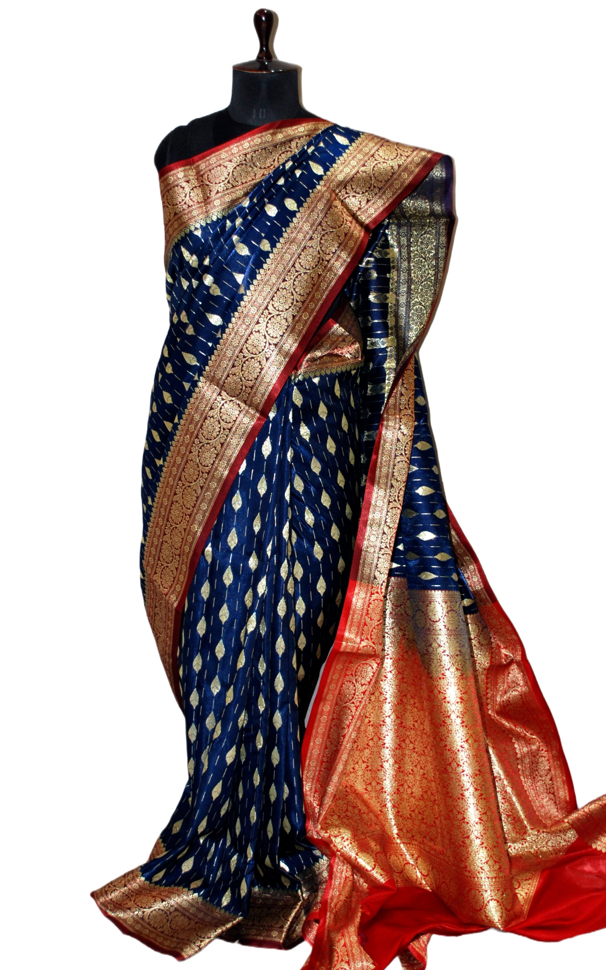 Blended Kadiyal Katan Silk Patta Buti Banarasi Saree in Midnight Blue and Dark Red