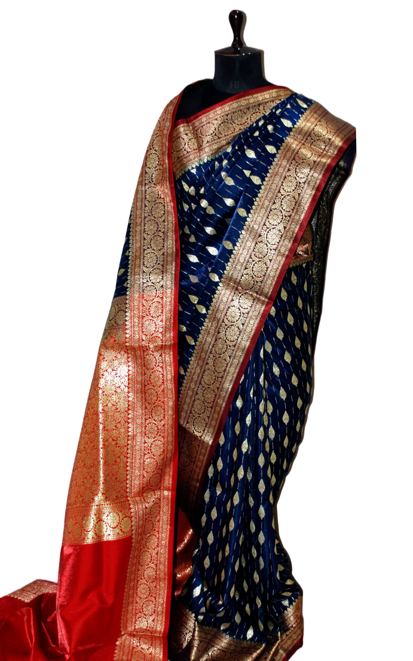 Blended Kadiyal Katan Silk Patta Buti Banarasi Saree in Midnight Blue and Dark Red