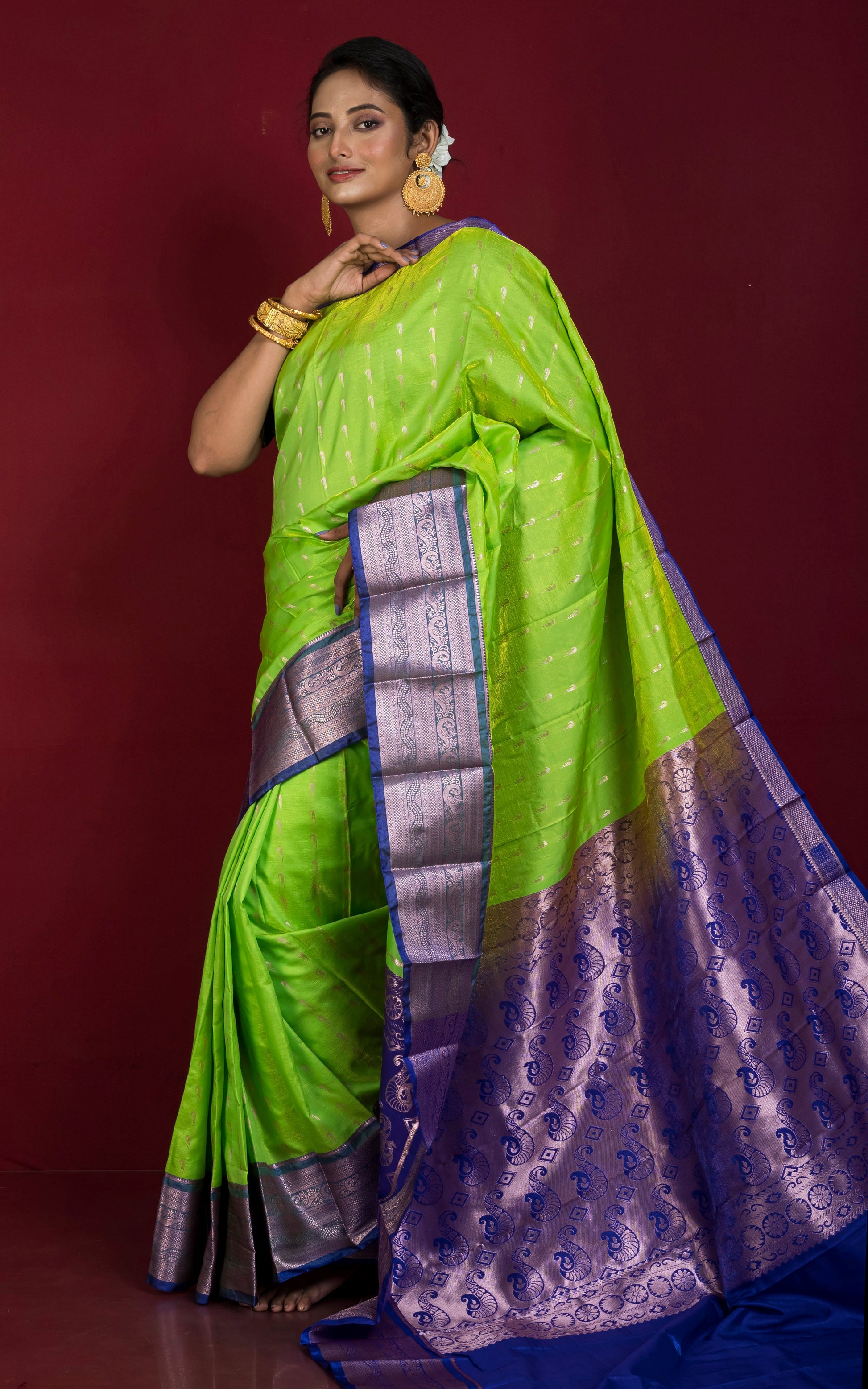 Traditional Blended Silk Paithani Sari in Bright Green, Royal Blue and Water Gold Zari Work