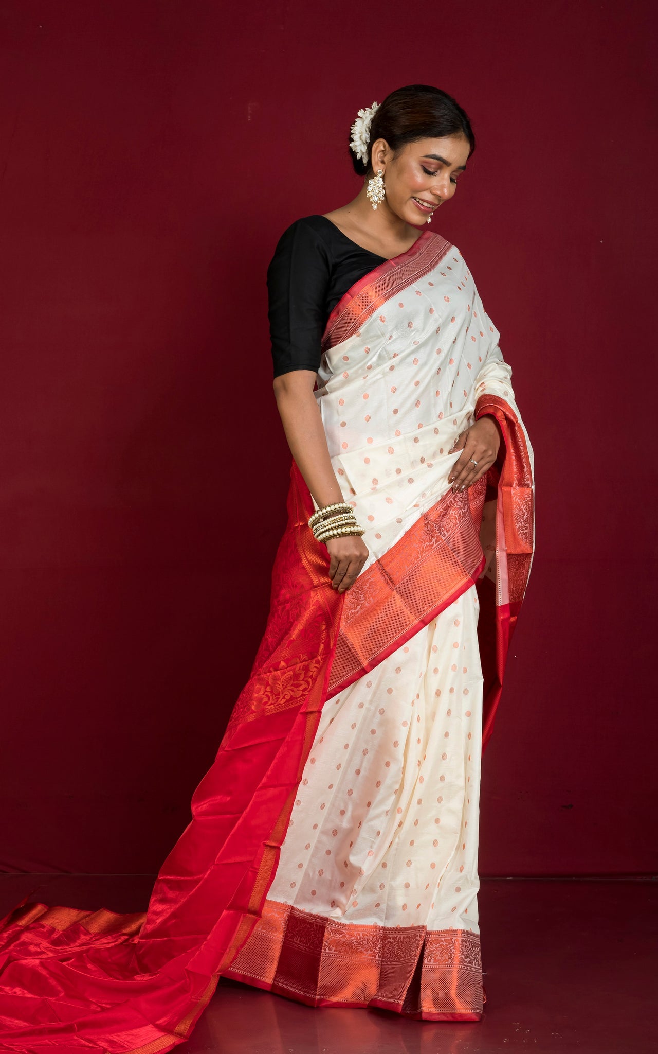 Traditional Blended Silk Paithani Sari in Off White, Red and Copper Zari Work