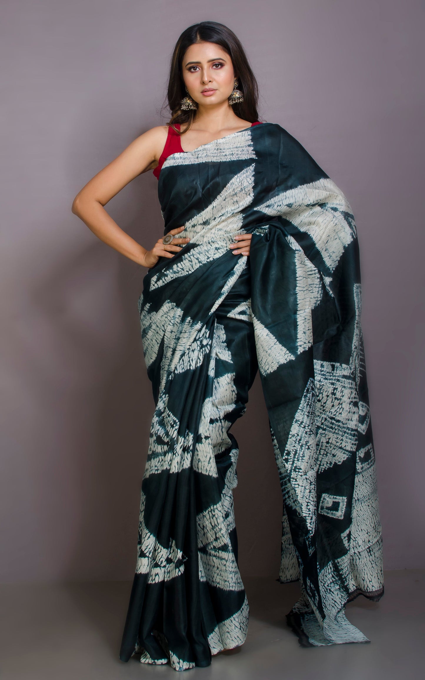 Hand Batik Soft Pure Silk Shibori Saree in Greenish Black and Off-white