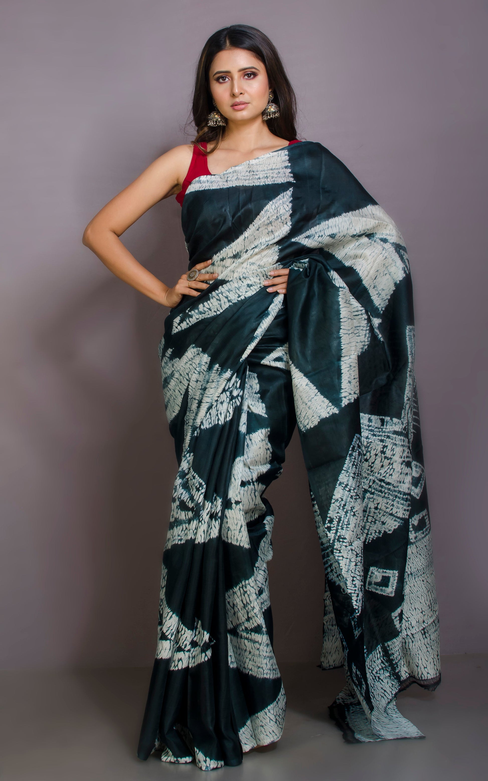 Hand Batik Soft Pure Silk Shibori Saree in Greenish Black and Off-white