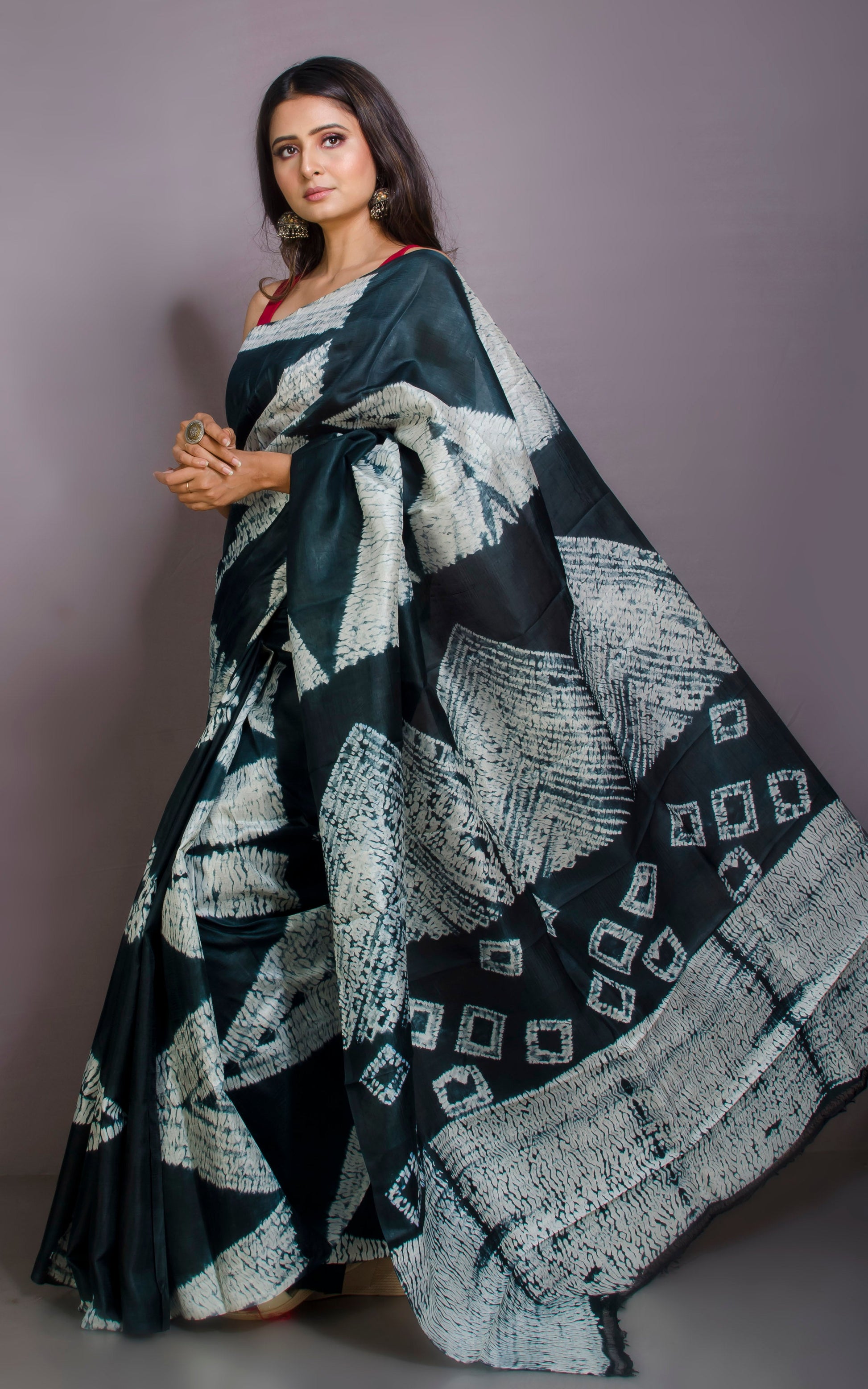 Hand Batik Soft Pure Silk Shibori Saree in Greenish Black and Off-white