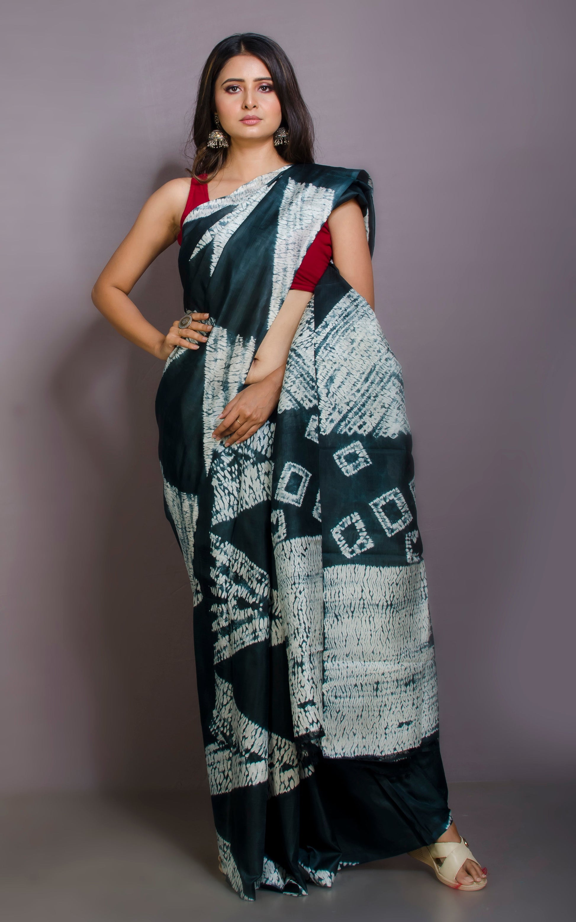 Hand Batik Soft Pure Silk Shibori Saree in Greenish Black and Off-white