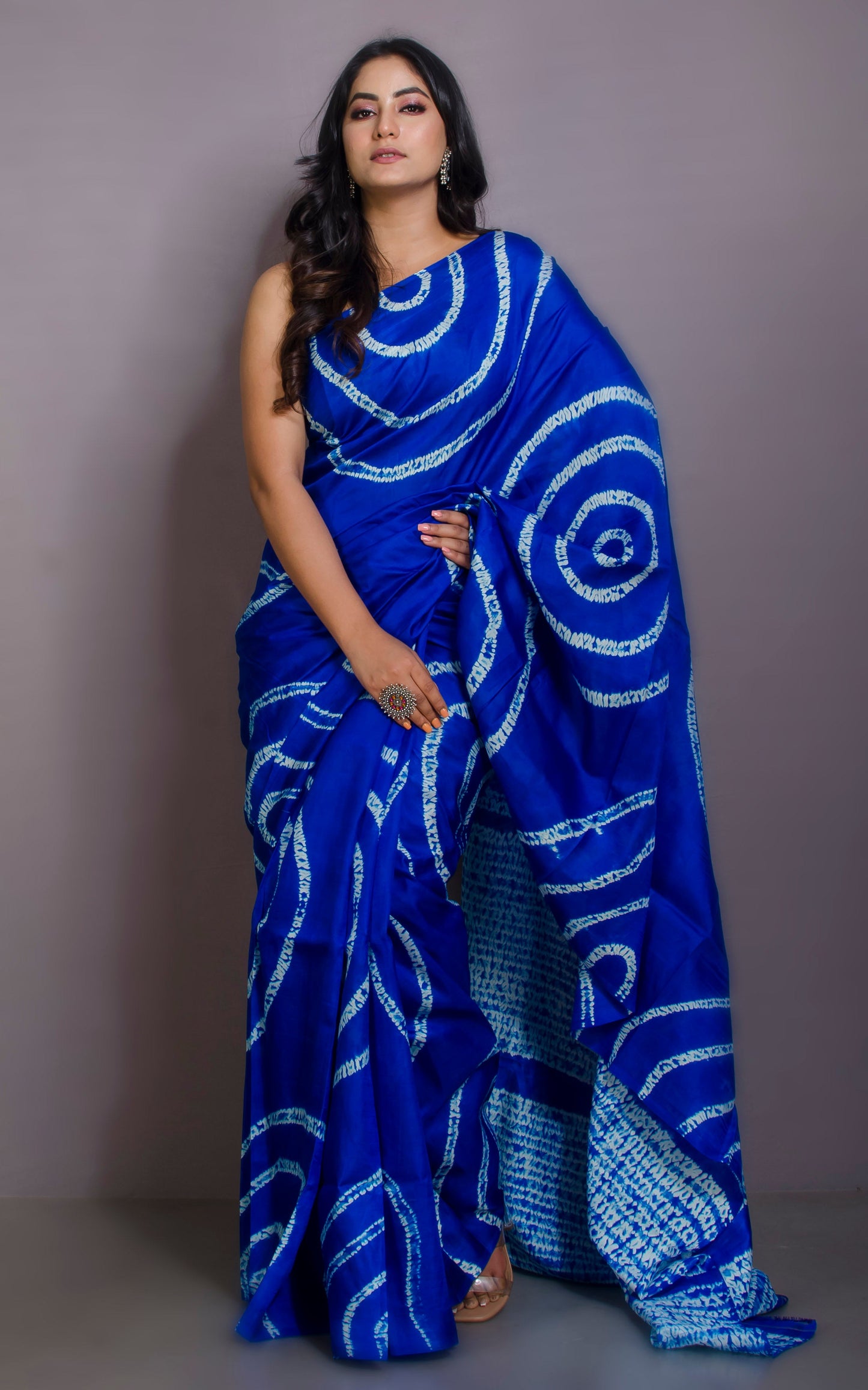 Hand Batik Soft Pure Silk Shibori Saree in Blue and Off-white