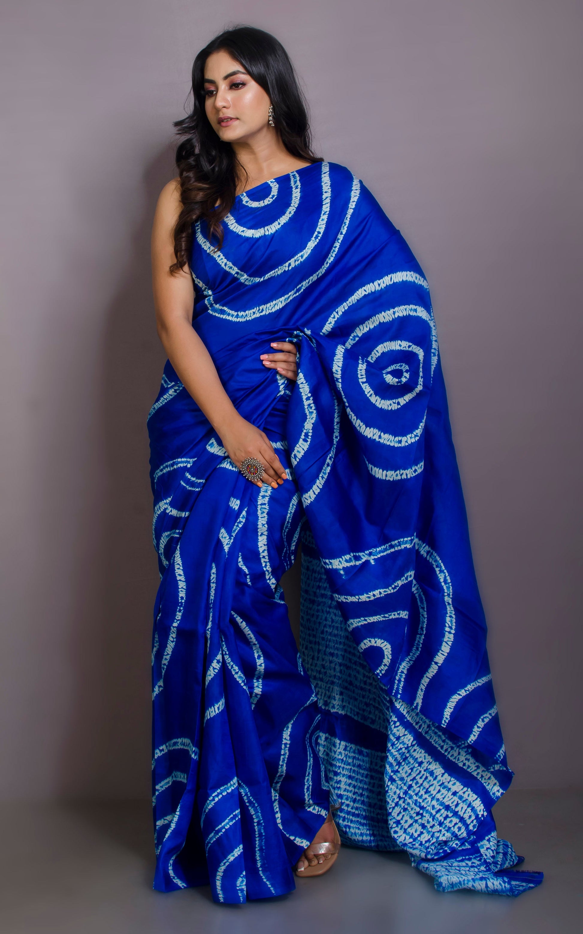 Hand Batik Soft Pure Silk Shibori Saree in Blue and Off-white