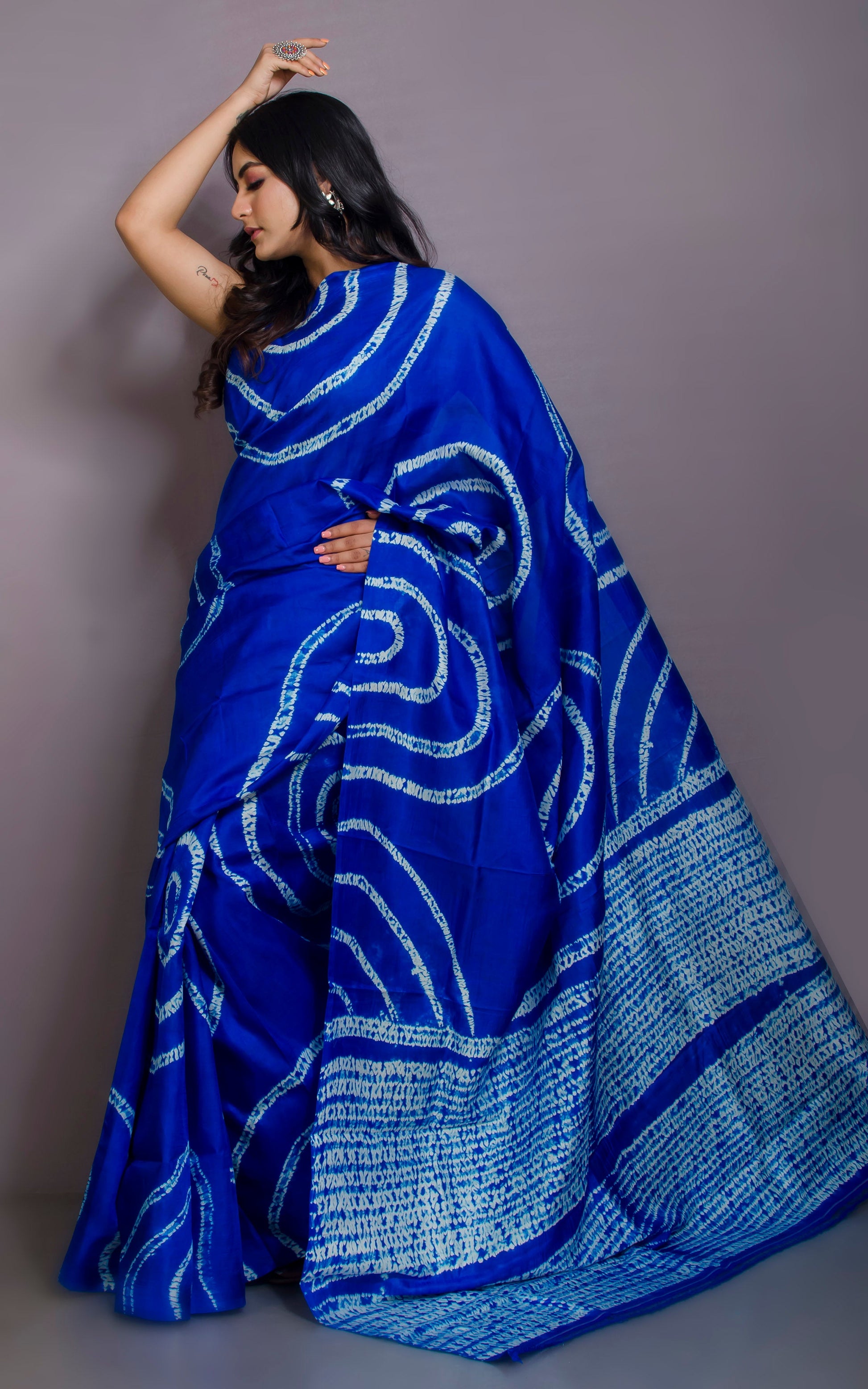 Hand Batik Soft Pure Silk Shibori Saree in Blue and Off-white