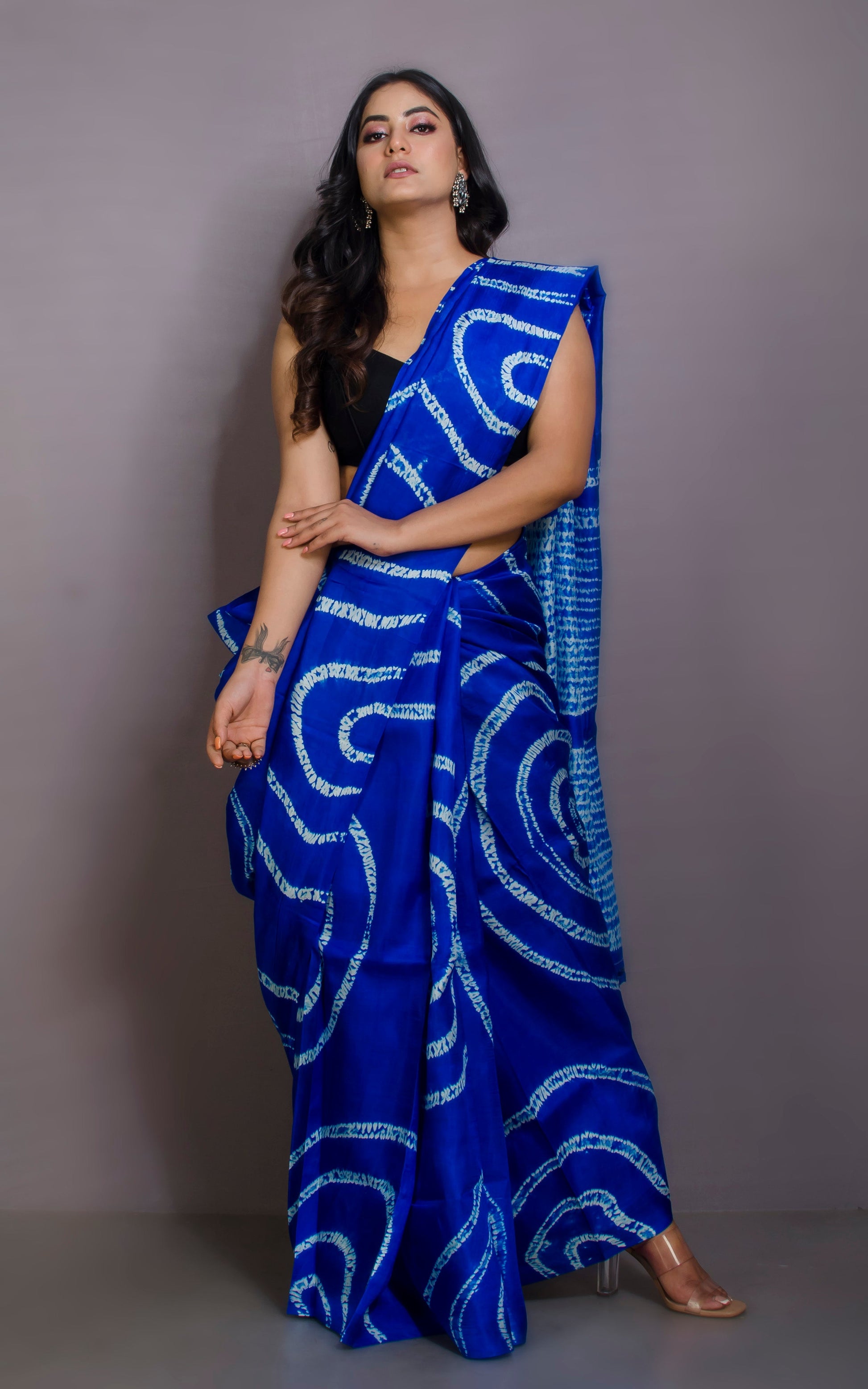 Hand Batik Soft Pure Silk Shibori Saree in Blue and Off-white