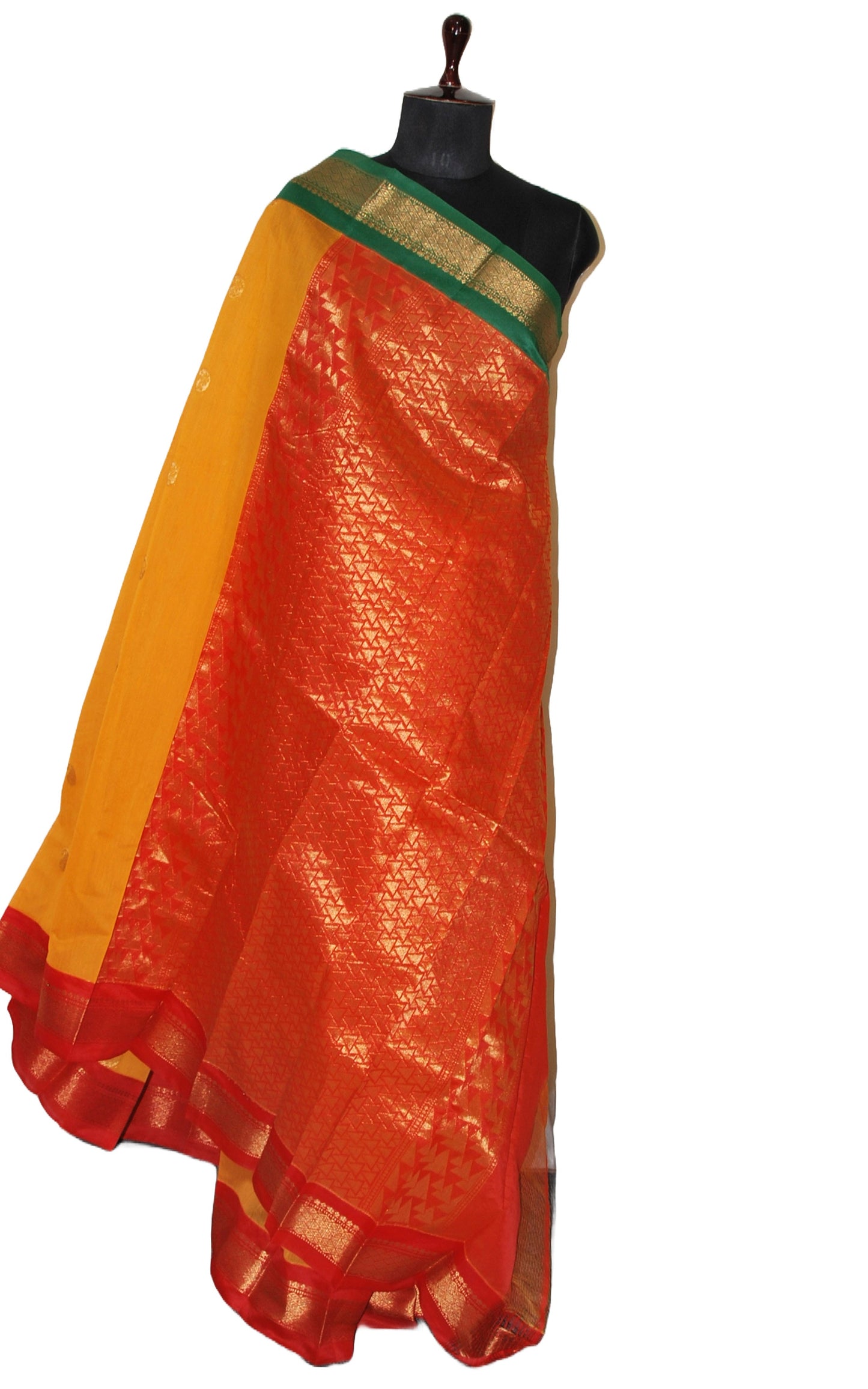 Ganga Jamuna Border Sico Cotton Gadwal Saree with Rich Pallu in Bright Yellow, India Green and Red