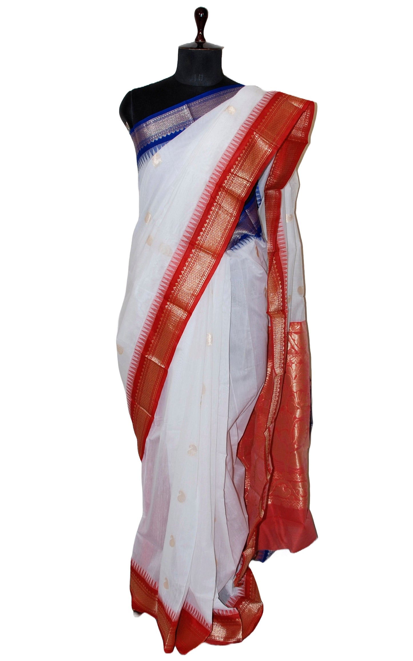 Ganga Jamuna Border Sico Cotton Gadwal Saree with Rich Pallu in White, Red and Dark Blue