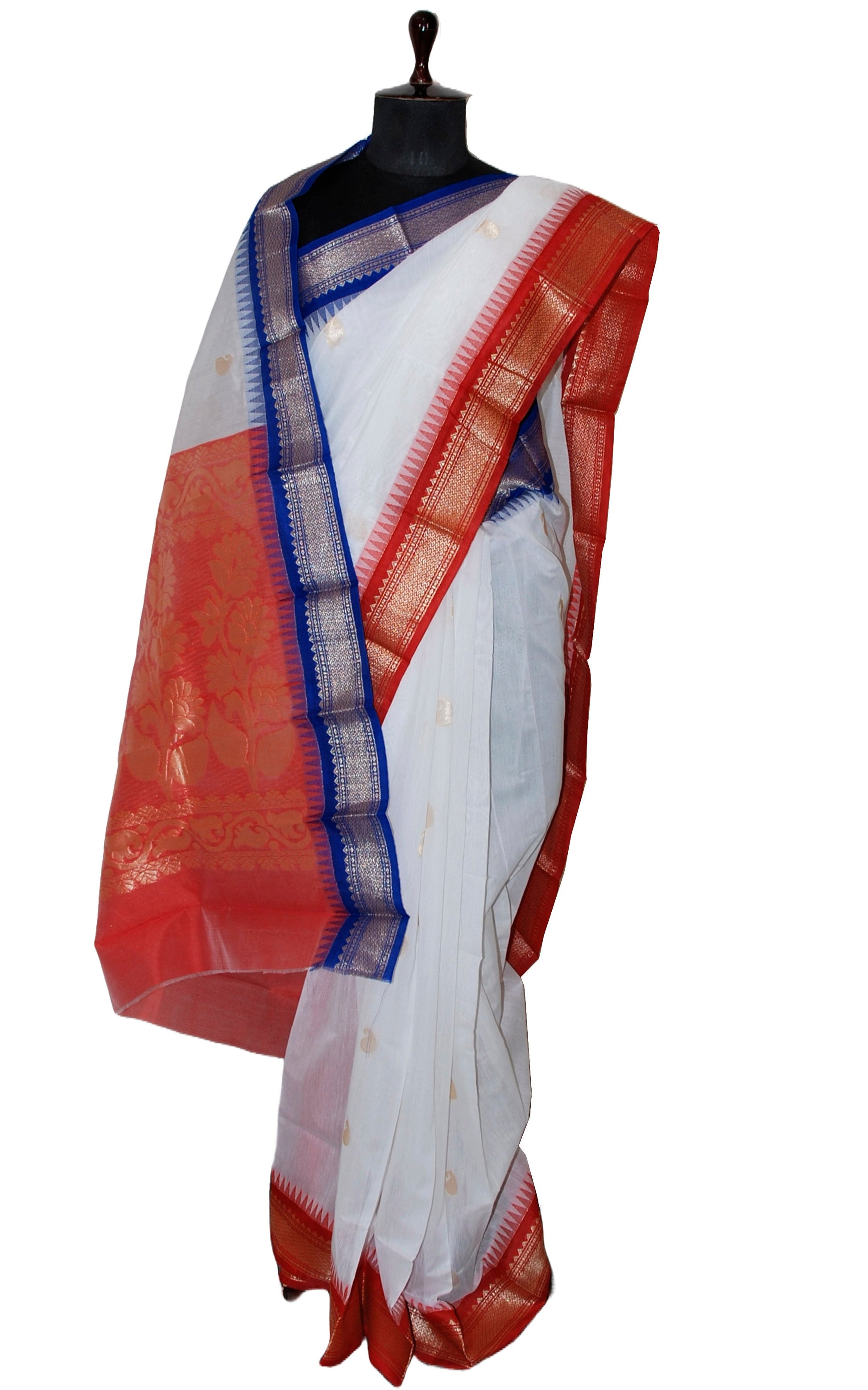 Ganga Jamuna Border Sico Cotton Gadwal Saree with Rich Pallu in White, Red and Dark Blue