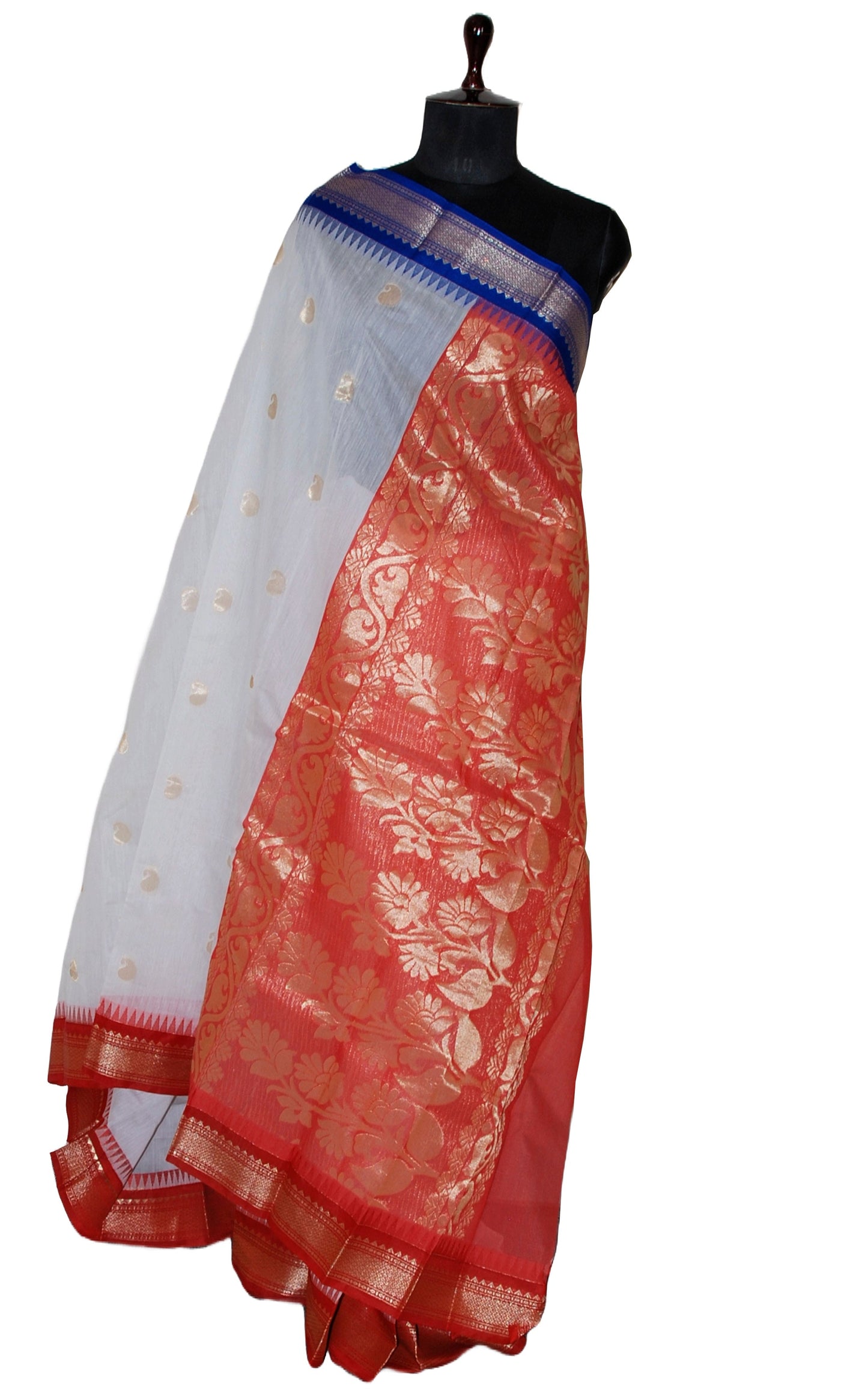 Ganga Jamuna Border Sico Cotton Gadwal Saree with Rich Pallu in White, Red and Dark Blue