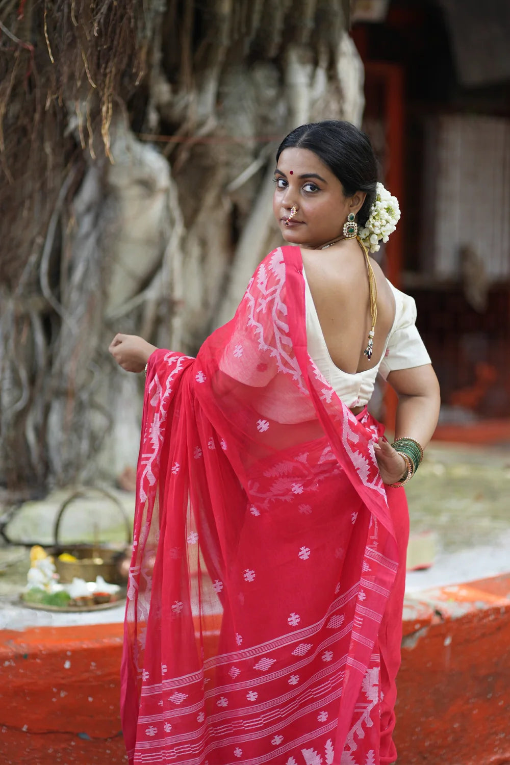 Handloom Red Pujo Jamdani Saree