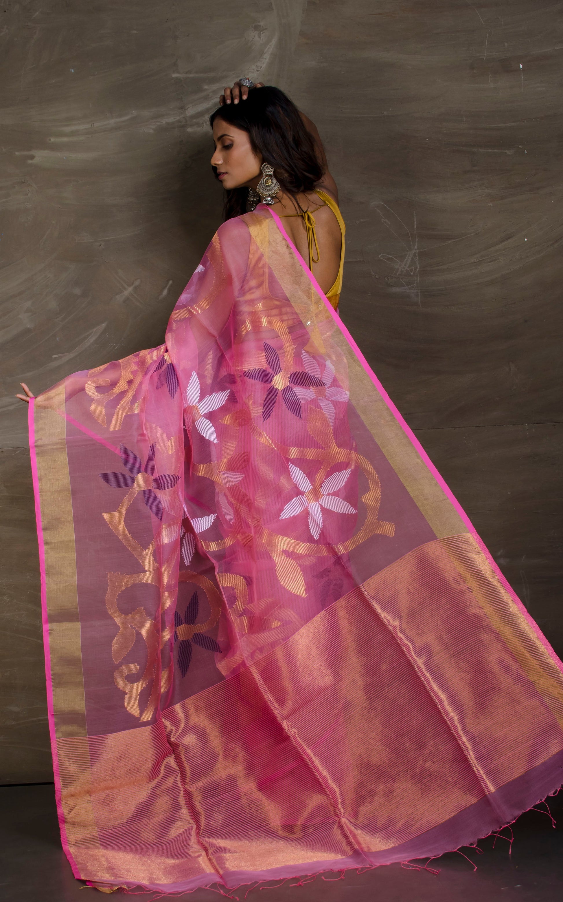 Traditional Soft Muslin Jamdani Saree in Pink, Gold, Navy Blue and White