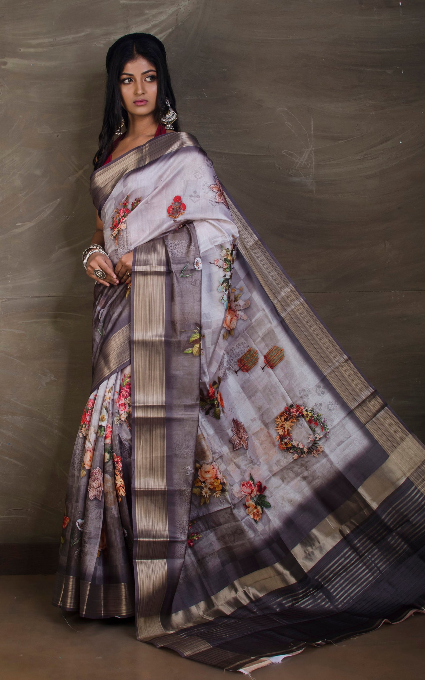 Digital Printed Silk Linen Saree in Metallic Grey and Light Grey - Bengal Looms India