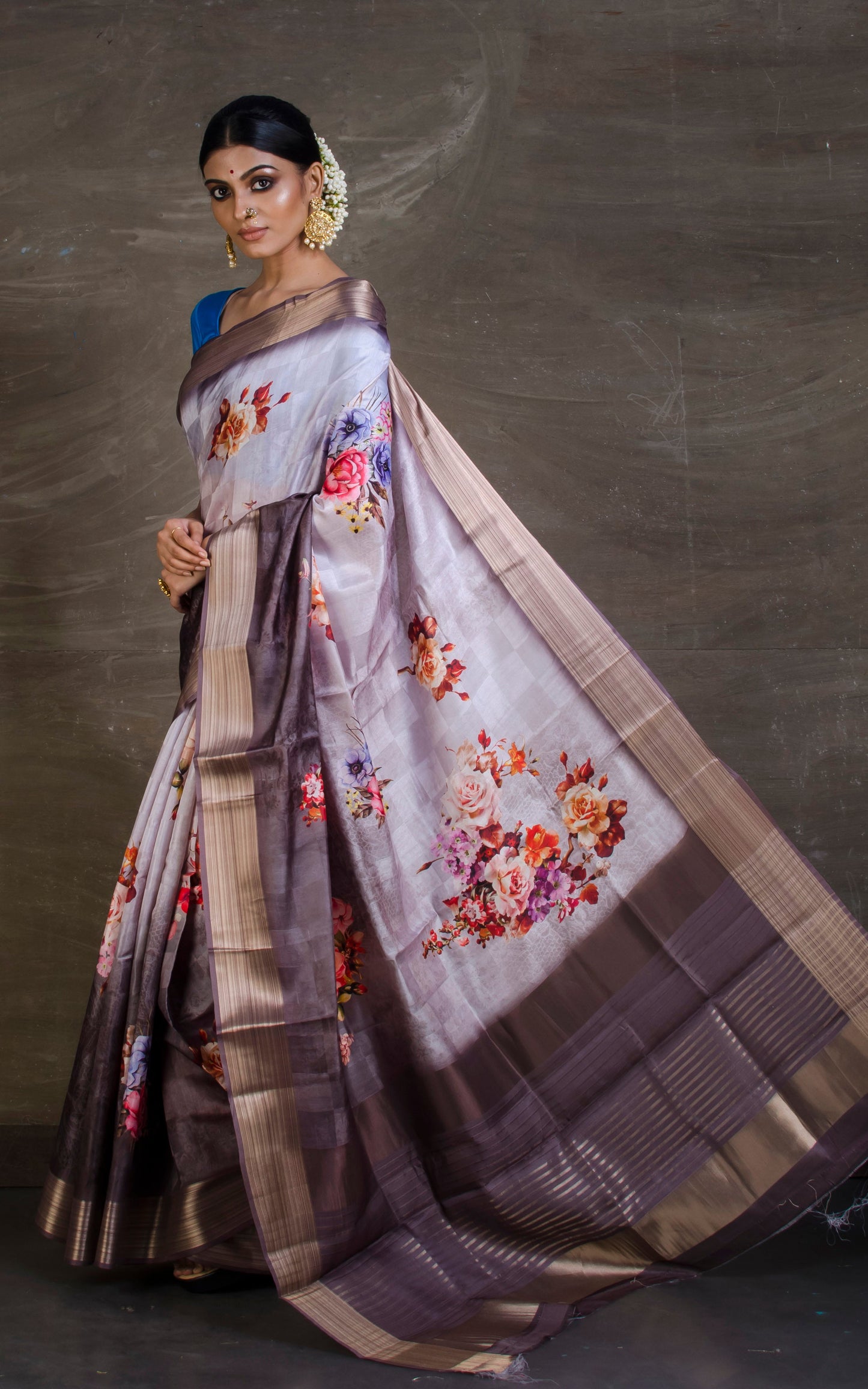 Digital Printed Silk Linen Saree in Light Grey and Coffee Brown