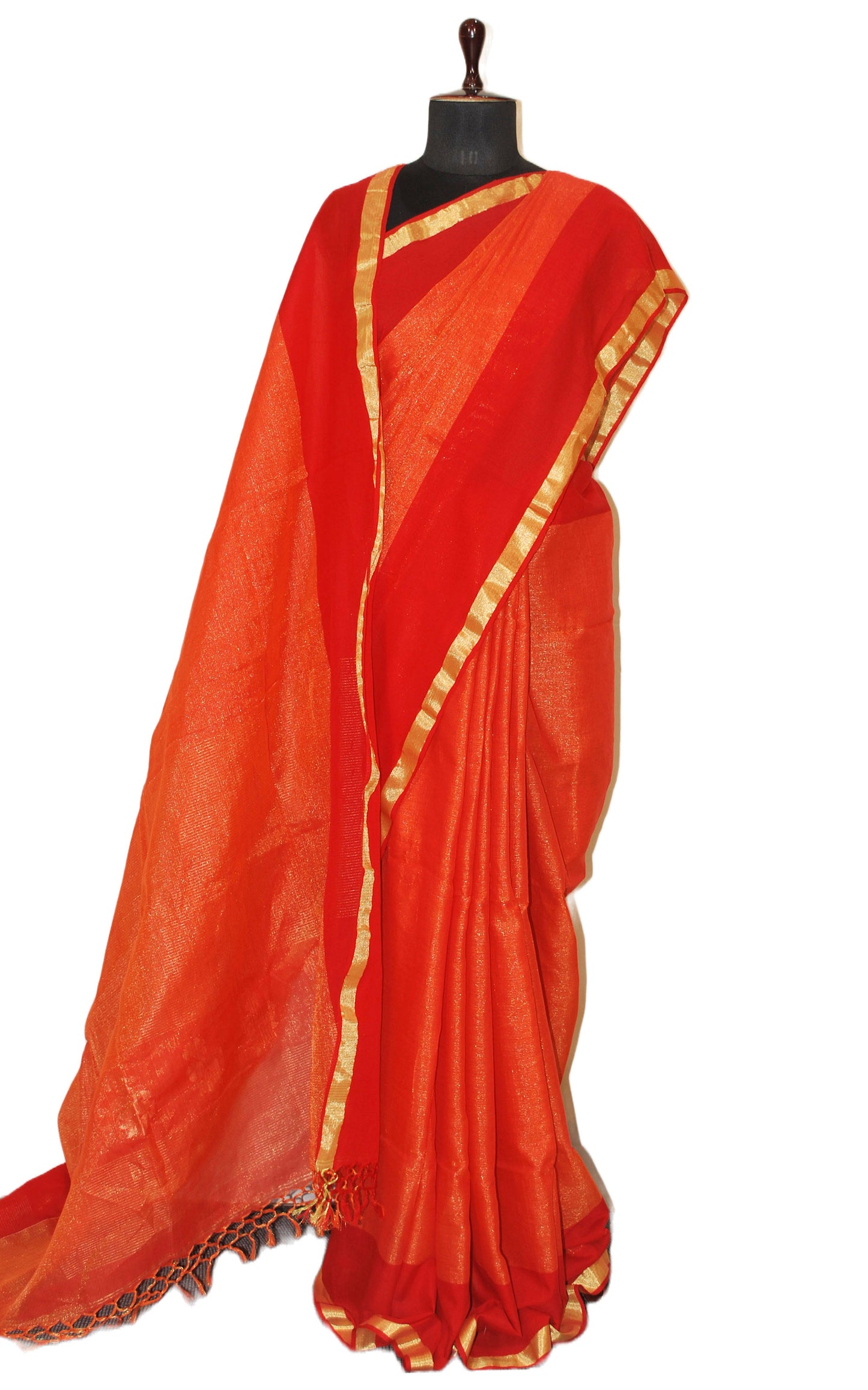 Soft Authentic Pure Cotton Woven Tanchui Work Saree in Fire Orange, Red and Gold