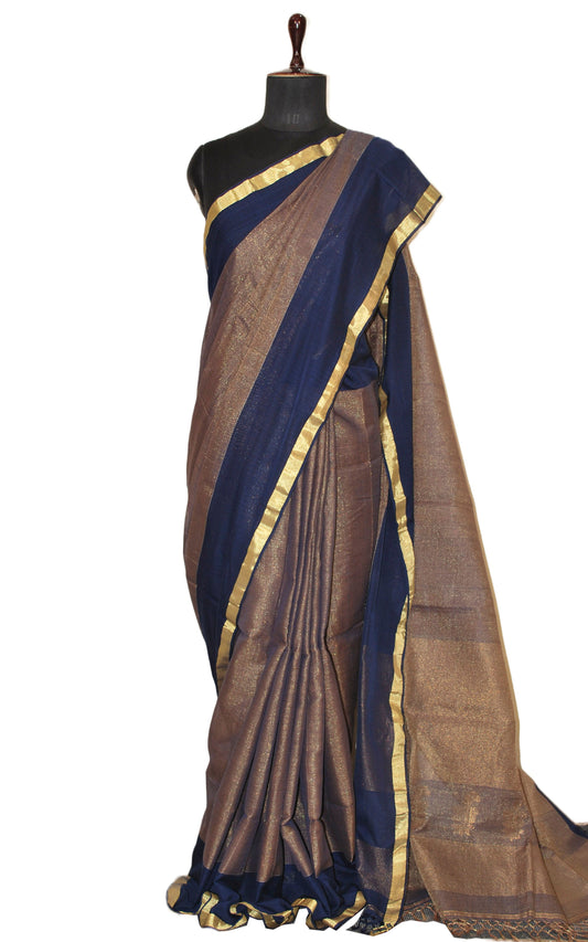 Soft Authentic Pure Cotton Woven Tanchui Work Saree in Midnight Blue and Gold