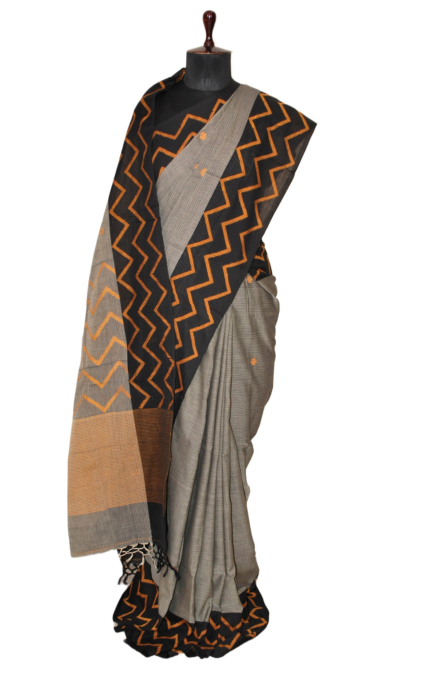 Designer Soft Cotton Jamdani Saree in Gray, Black and Golden Yellow