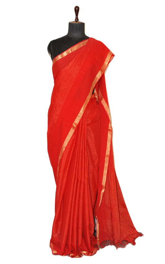 Soft Authentic Pure Cotton Tanchui Saree in Red and Gold